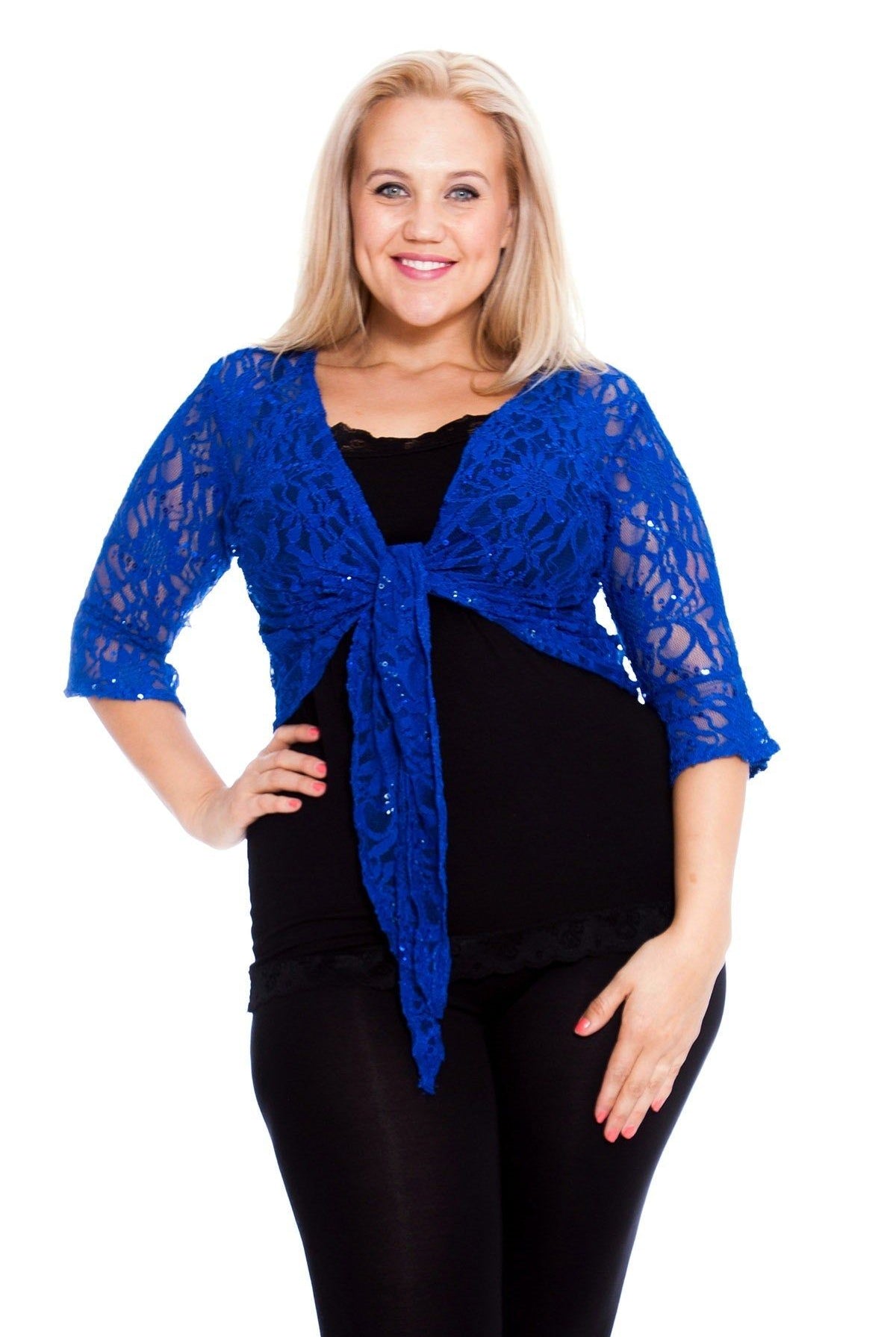Sequin Lace Tie Up 3/4 Bell Sleeve Crochet Top Tops WearAll Royal Blue 12-14