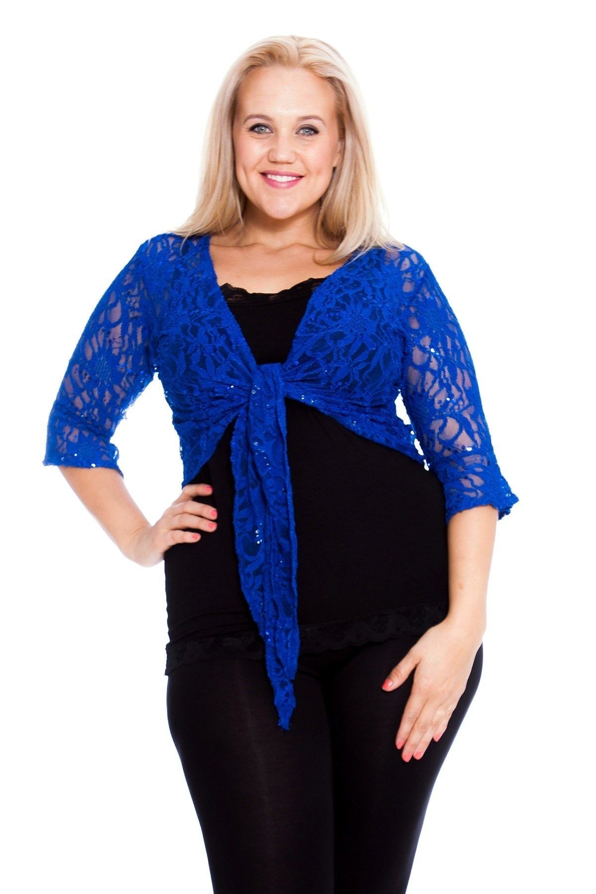 Sequin Lace Tie Up 3/4 Bell Sleeve Crochet Top Tops WearAll Royal Blue 12-14