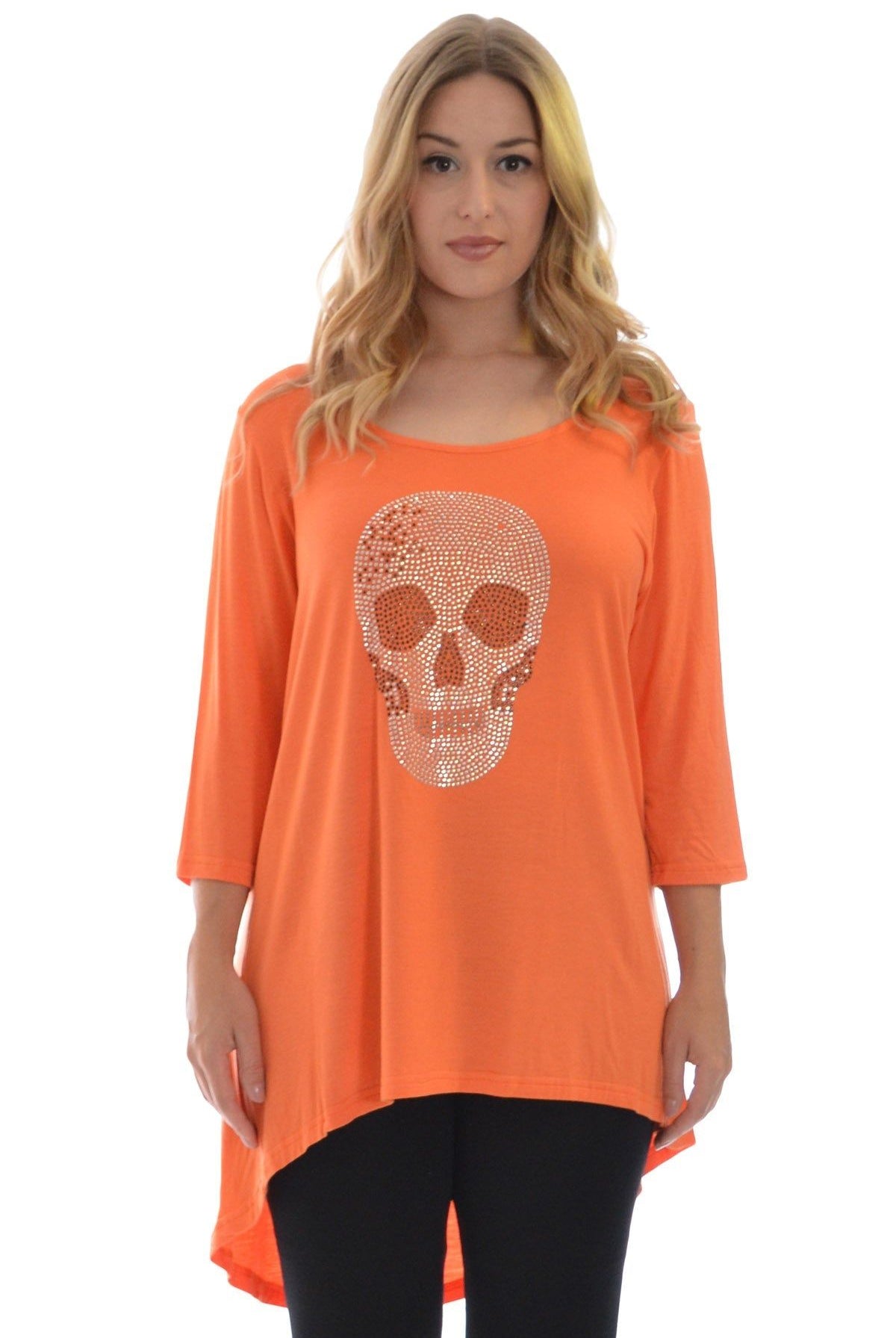 Skull Tail Back Dip Hem Scoop Top Tops WearAll
