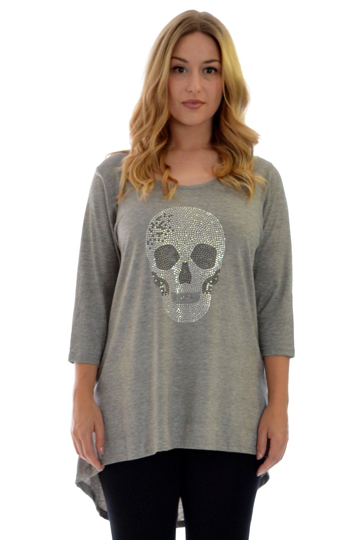 Skull Tail Back Dip Hem Scoop Top Tops WearAll