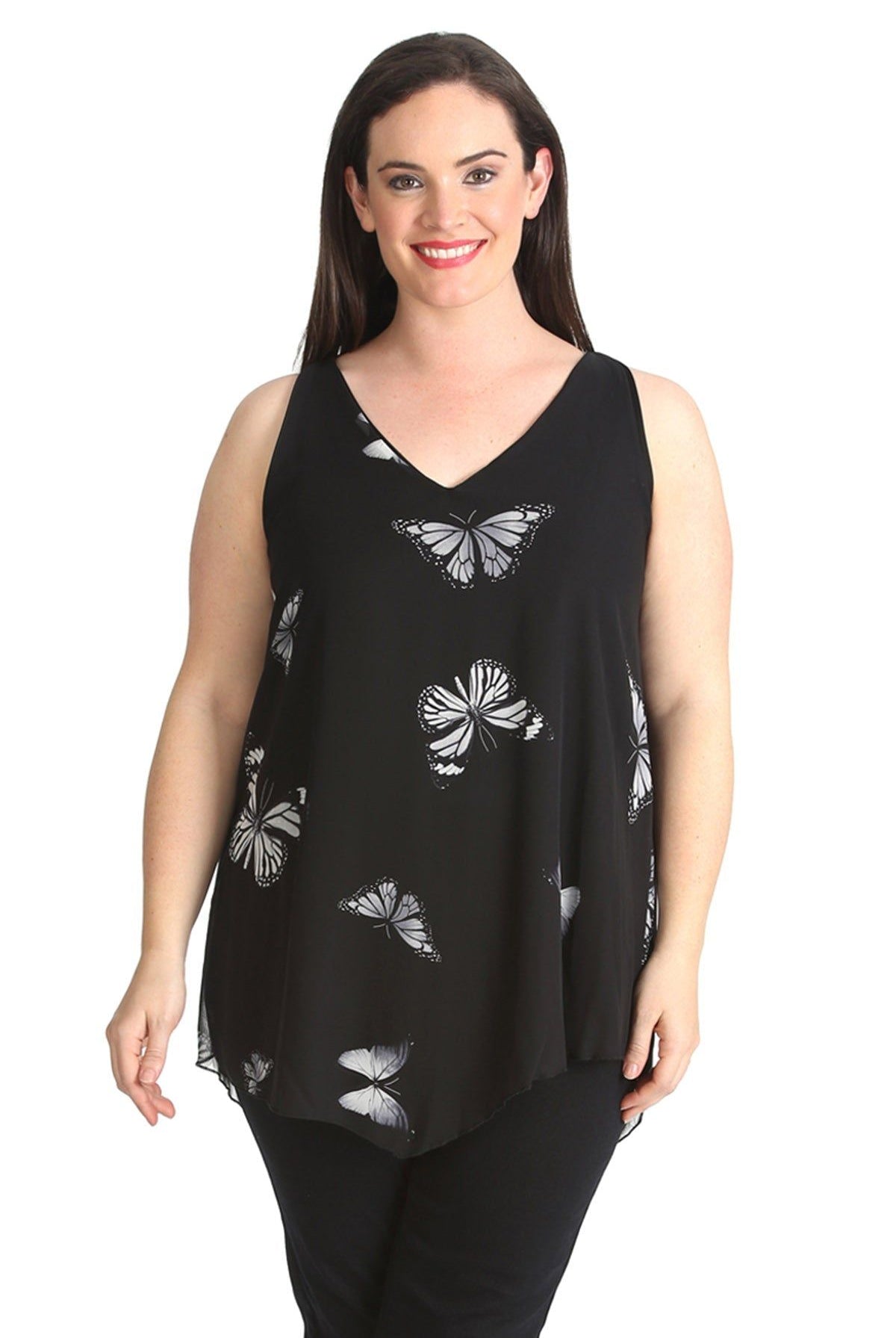 Chiffon Butterfly Print Lined Vest Top Tops WearAll