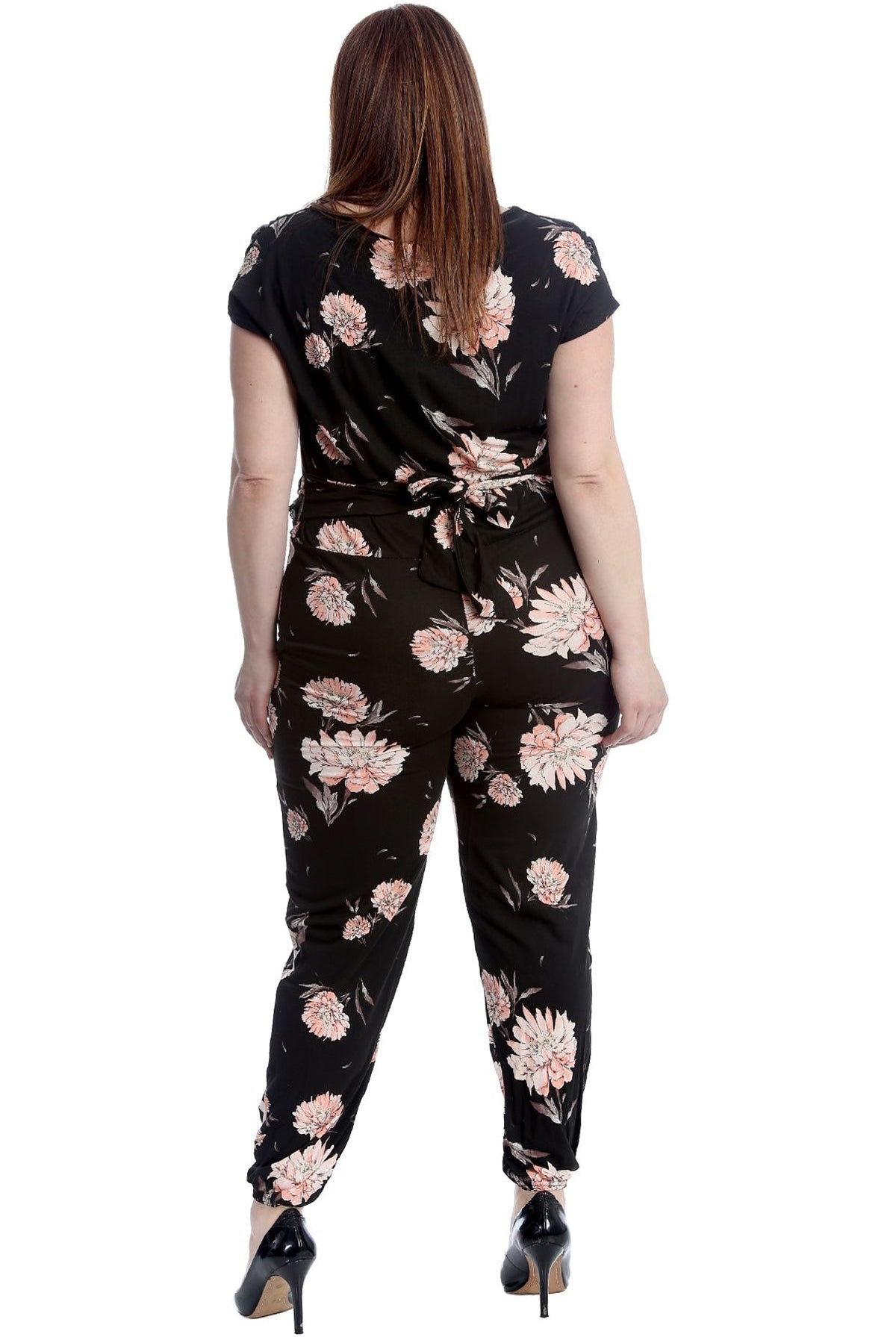 Plus Size Short Sleeve Tied Belted Floral Print Cowl Neck Jumpsuit Jumpsuit WearAll