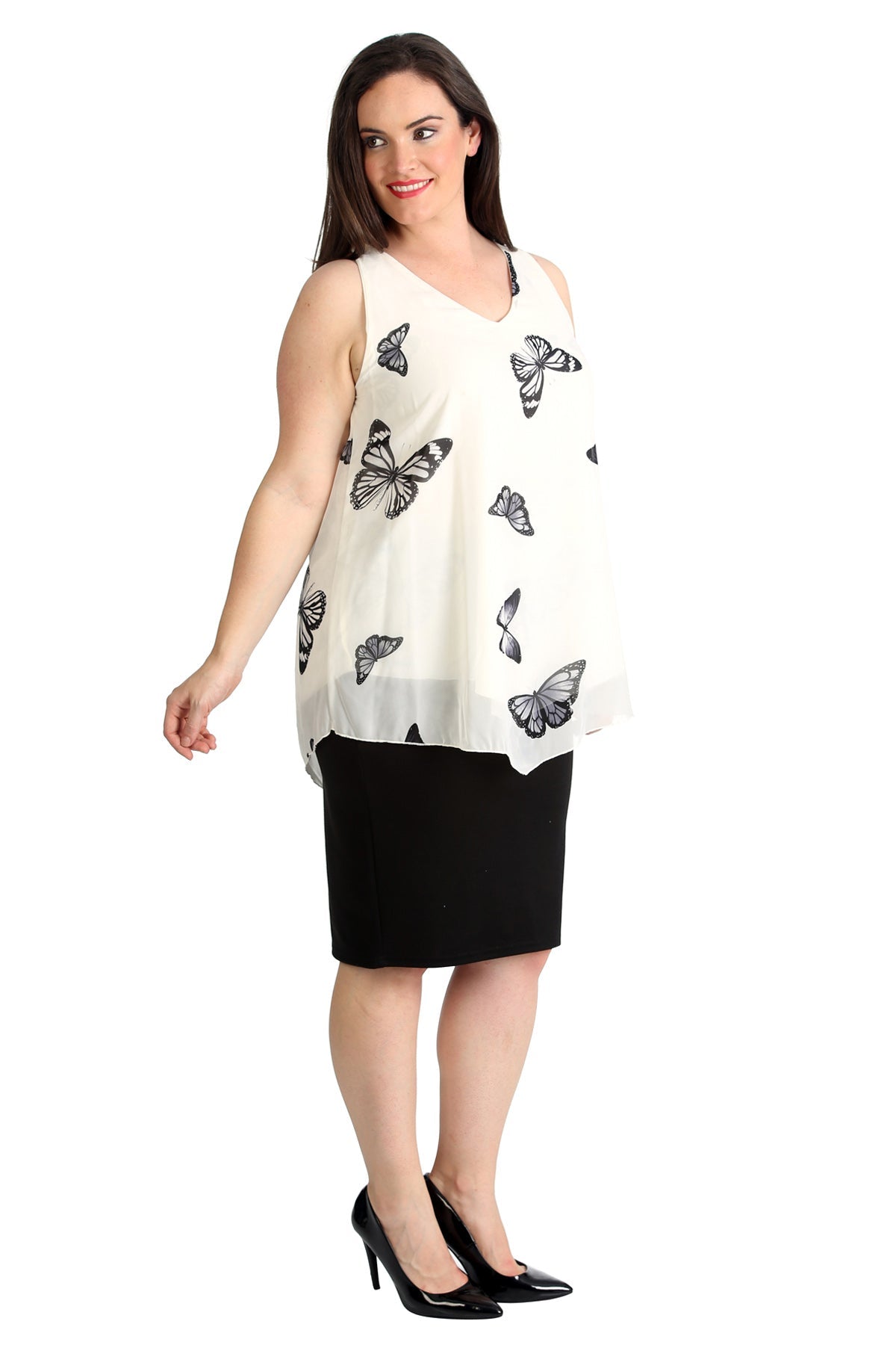 Chiffon Butterfly Print Lined Vest Top Tops WearAll