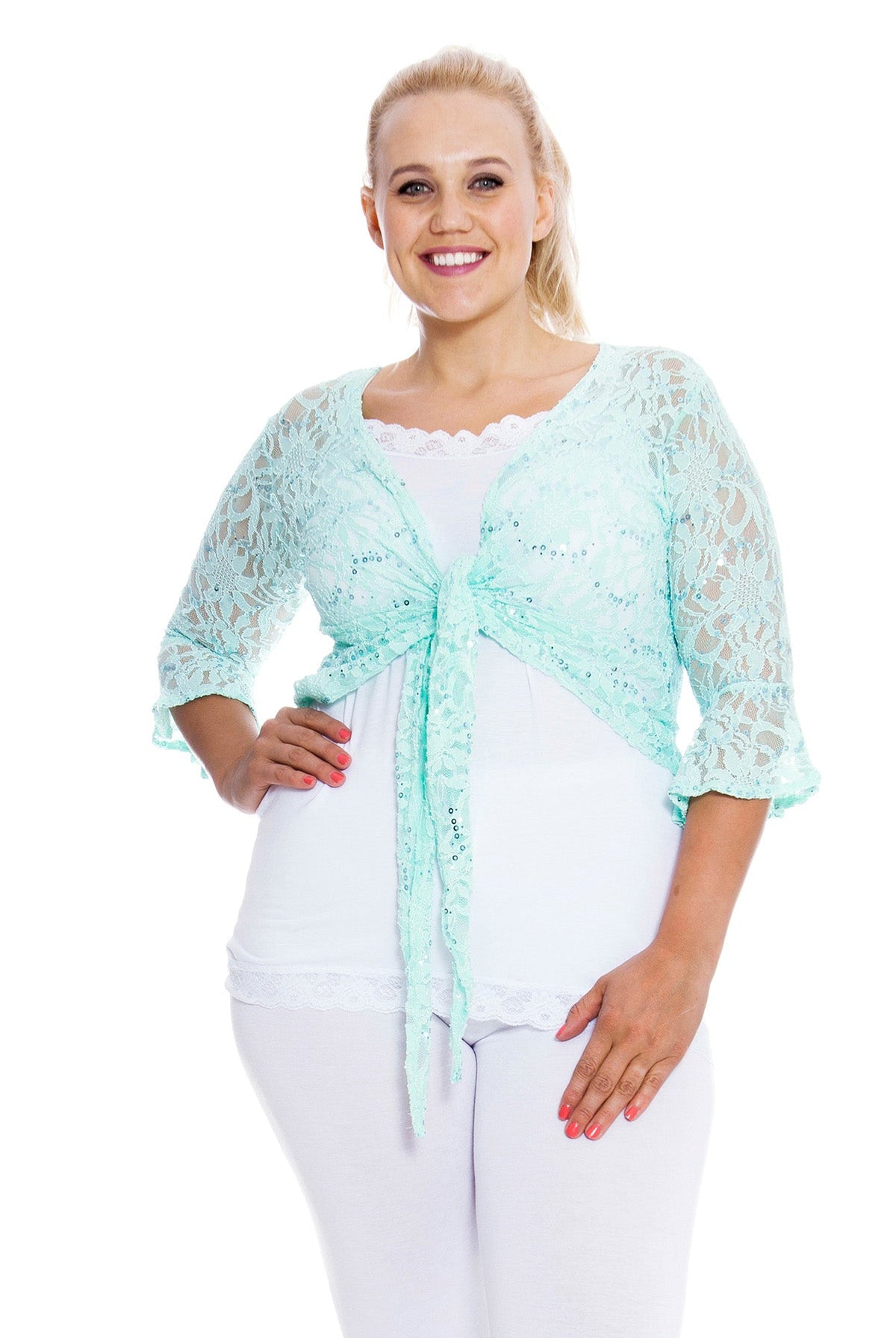 Sequin Lace Tie Up 3/4 Bell Sleeve Crochet Top Tops WearAll Mint Green 12-14