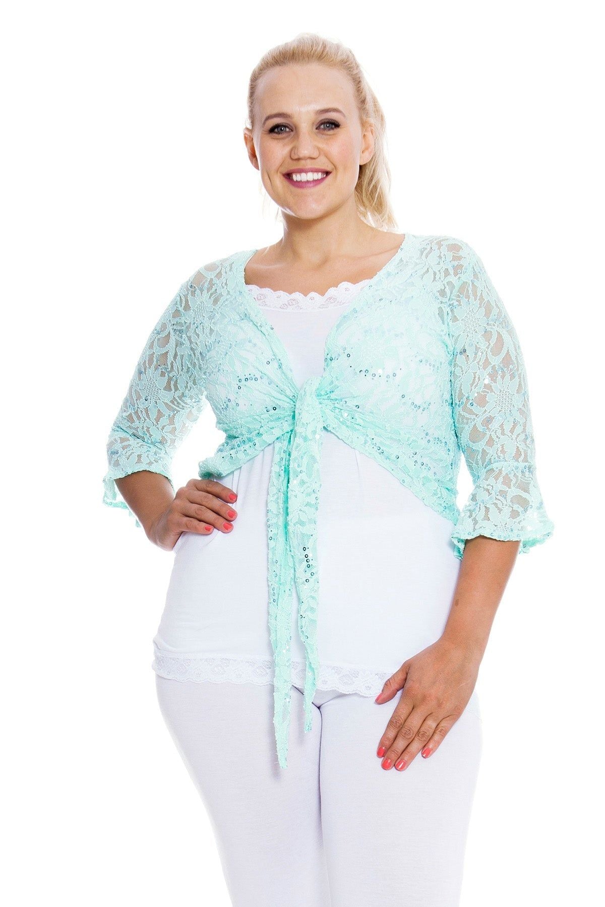 Plus SIze Sequin Lace Tie Up 3/4 Bell Crochet Top Tops WearAll Mint Green 16-18