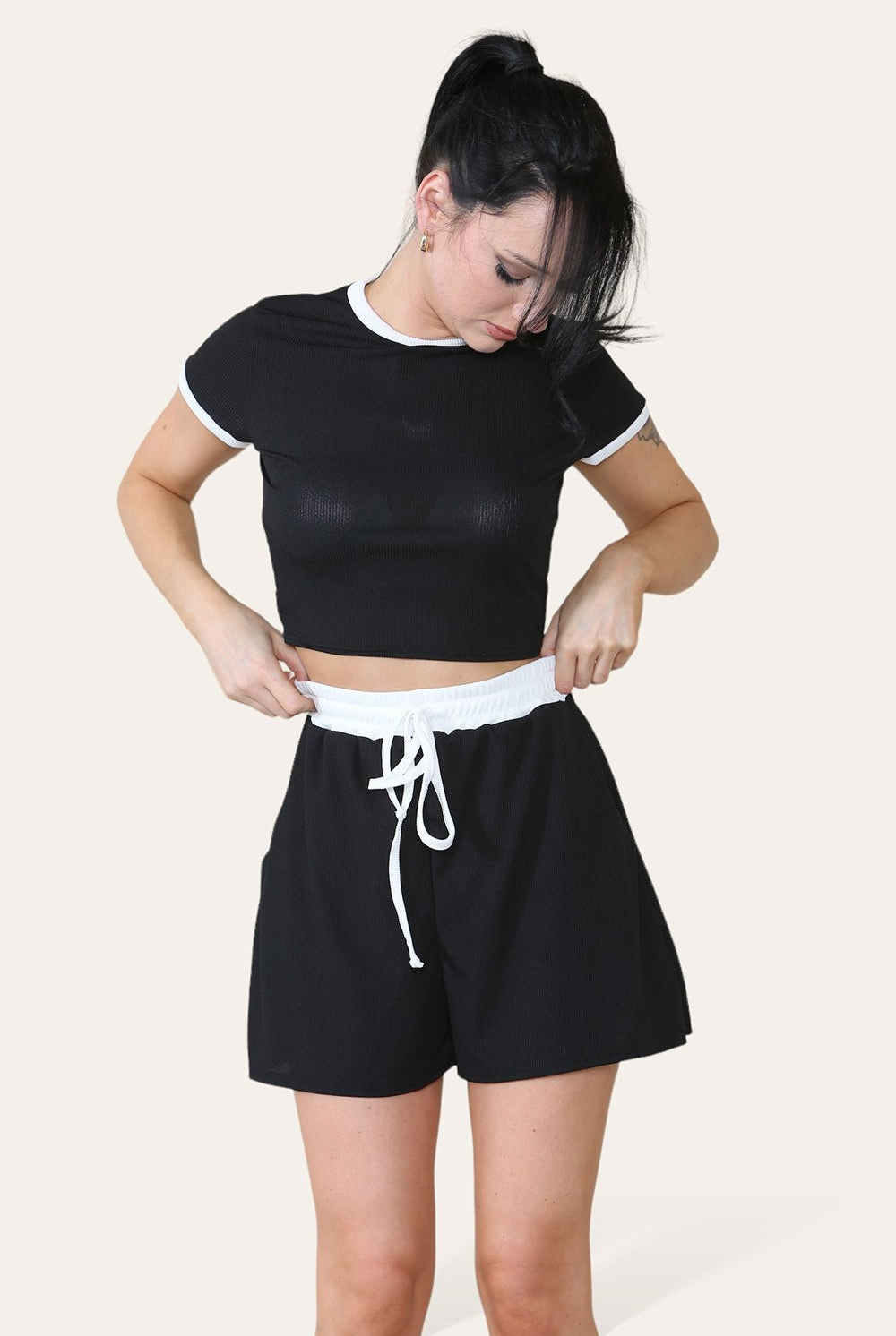 Ribbed Contrast Waistband Top and Short Set Short Set WearAll