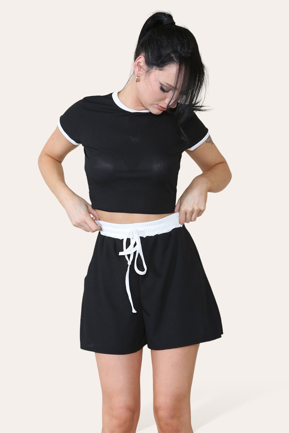 Ribbed Contrast Waistband Top and Short Set Short Set WearAll