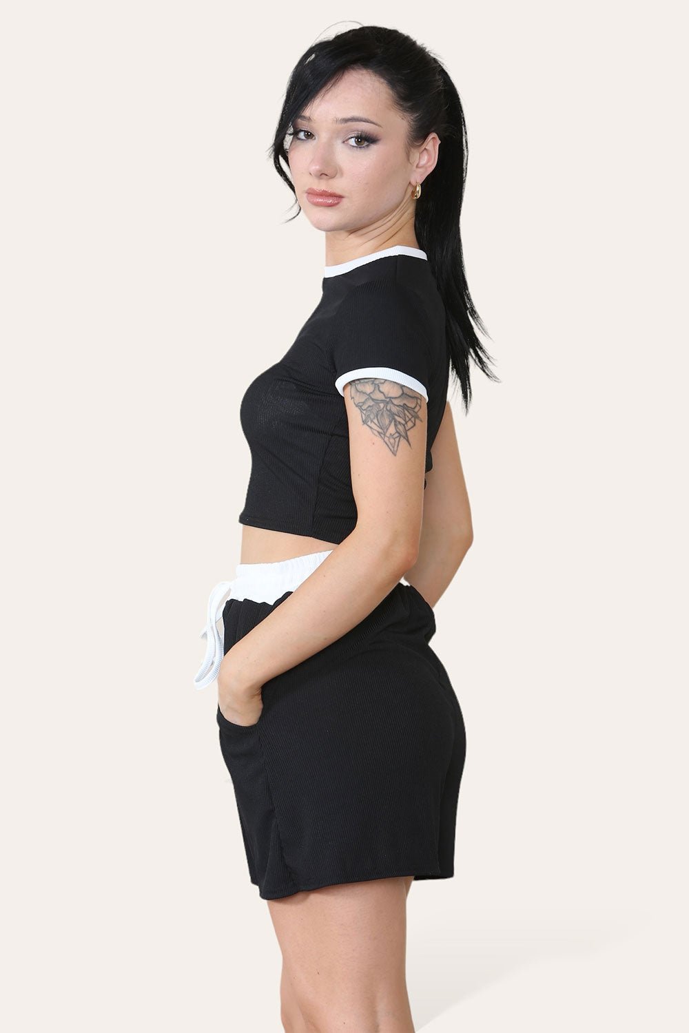 Ribbed Contrast Waistband Top and Short Set Short Set WearAll