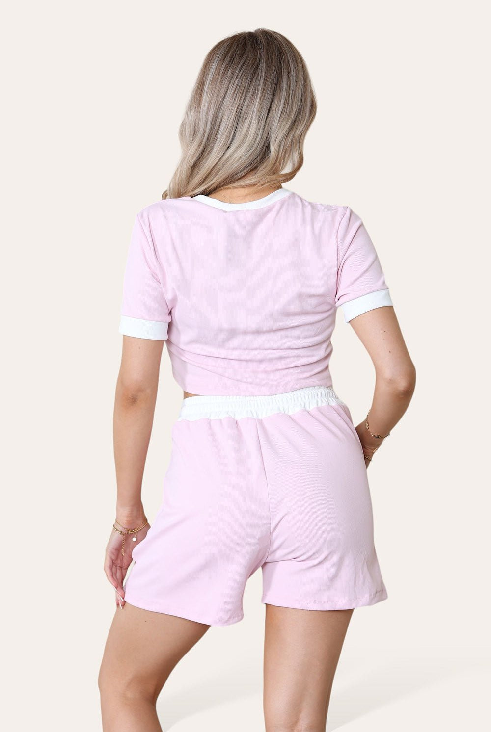 Ribbed Contrast Waistband Top and Short Set Short Set WearAll