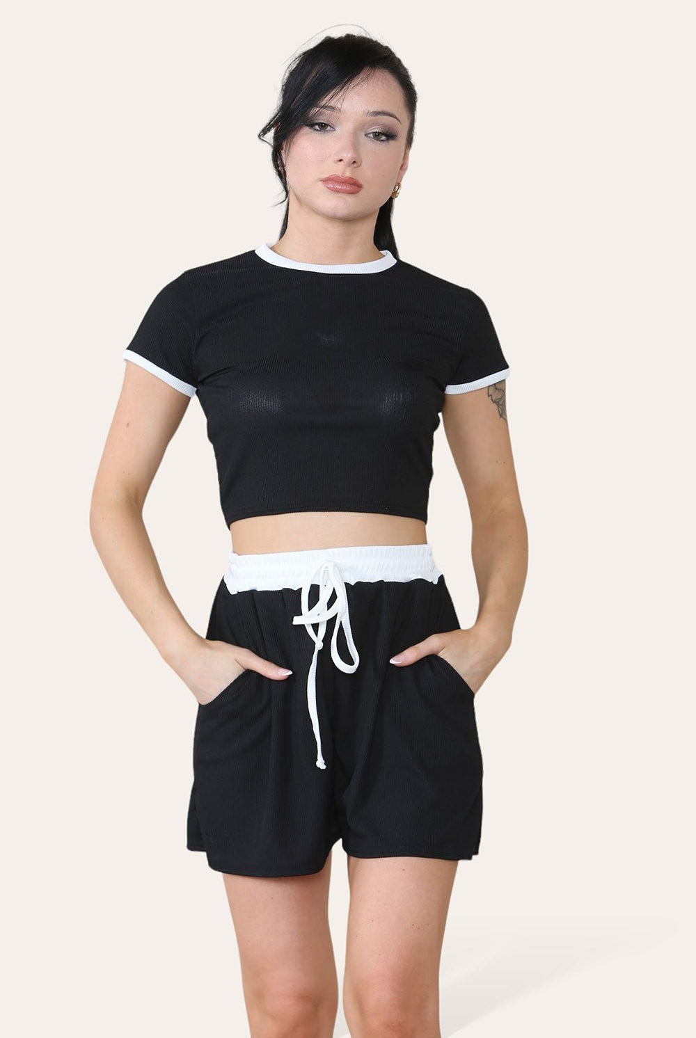 Ribbed Contrast Waistband Top and Short Set Short Set WearAll Black One Size (8-14)