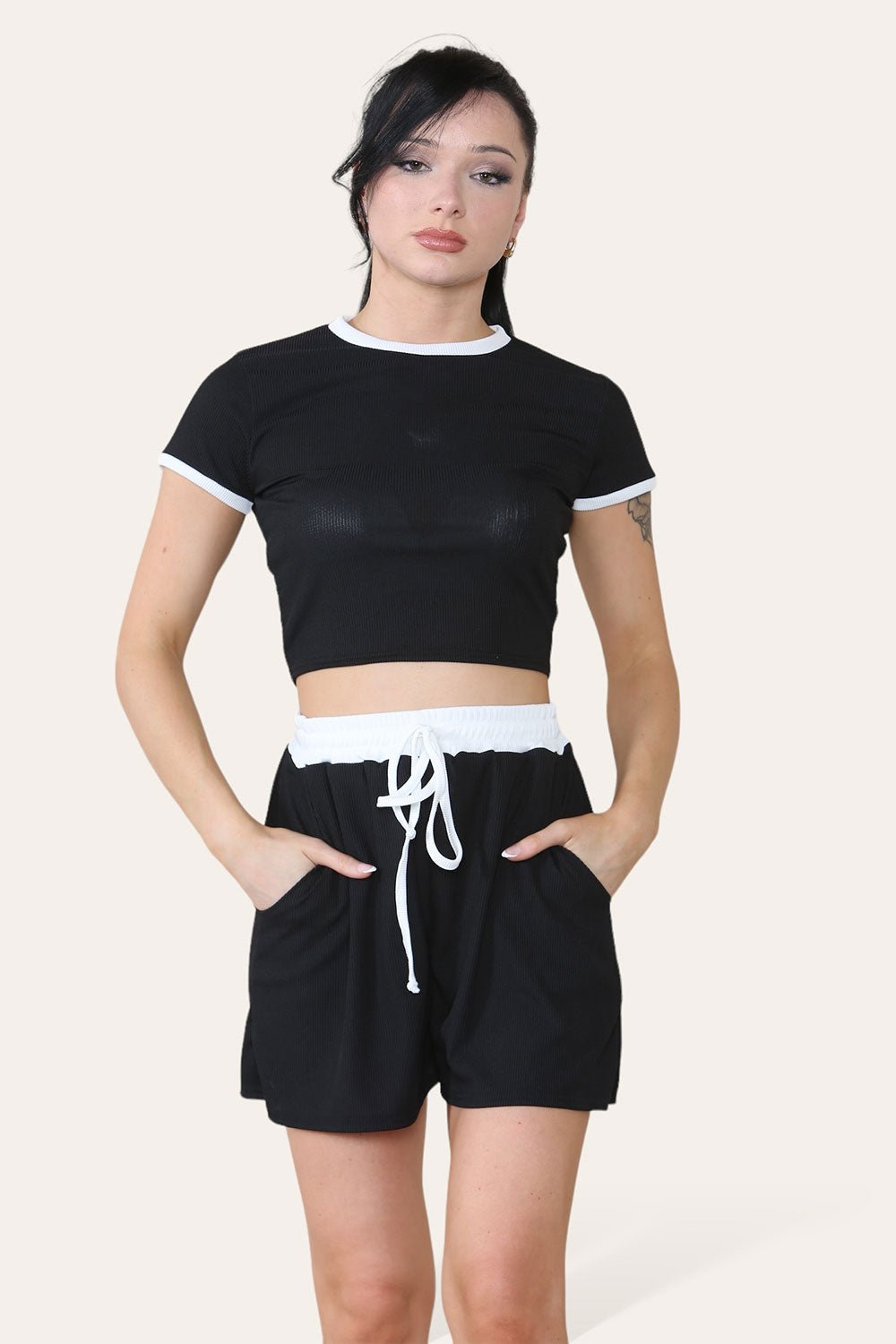 Ribbed Contrast Waistband Top and Short Set Short Set WearAll Black One Size (8-14)