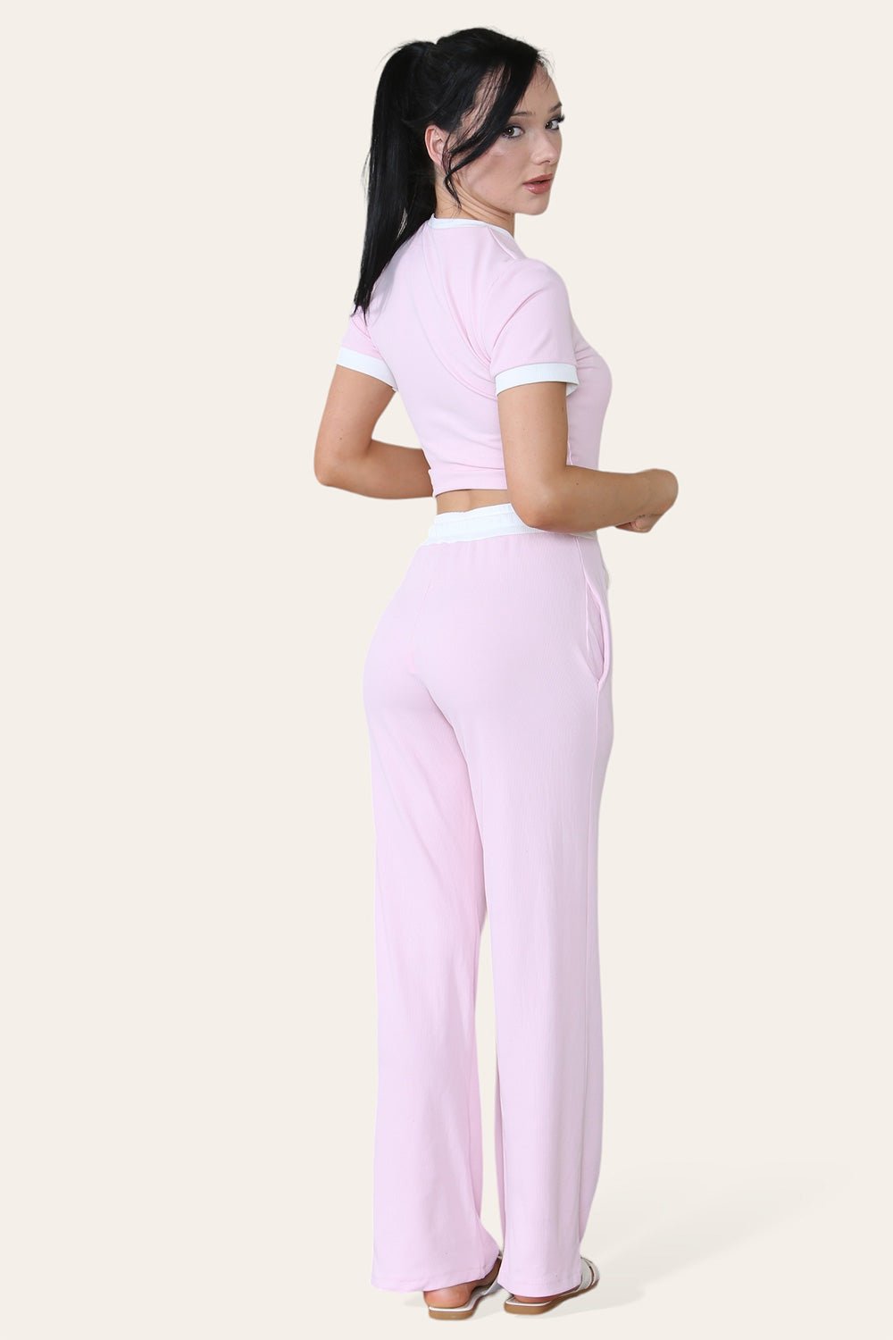Ribbed Contrast Wide Leg Flared Trousers And Top Loungewear TRS Cropped Set Loungewear WearAll