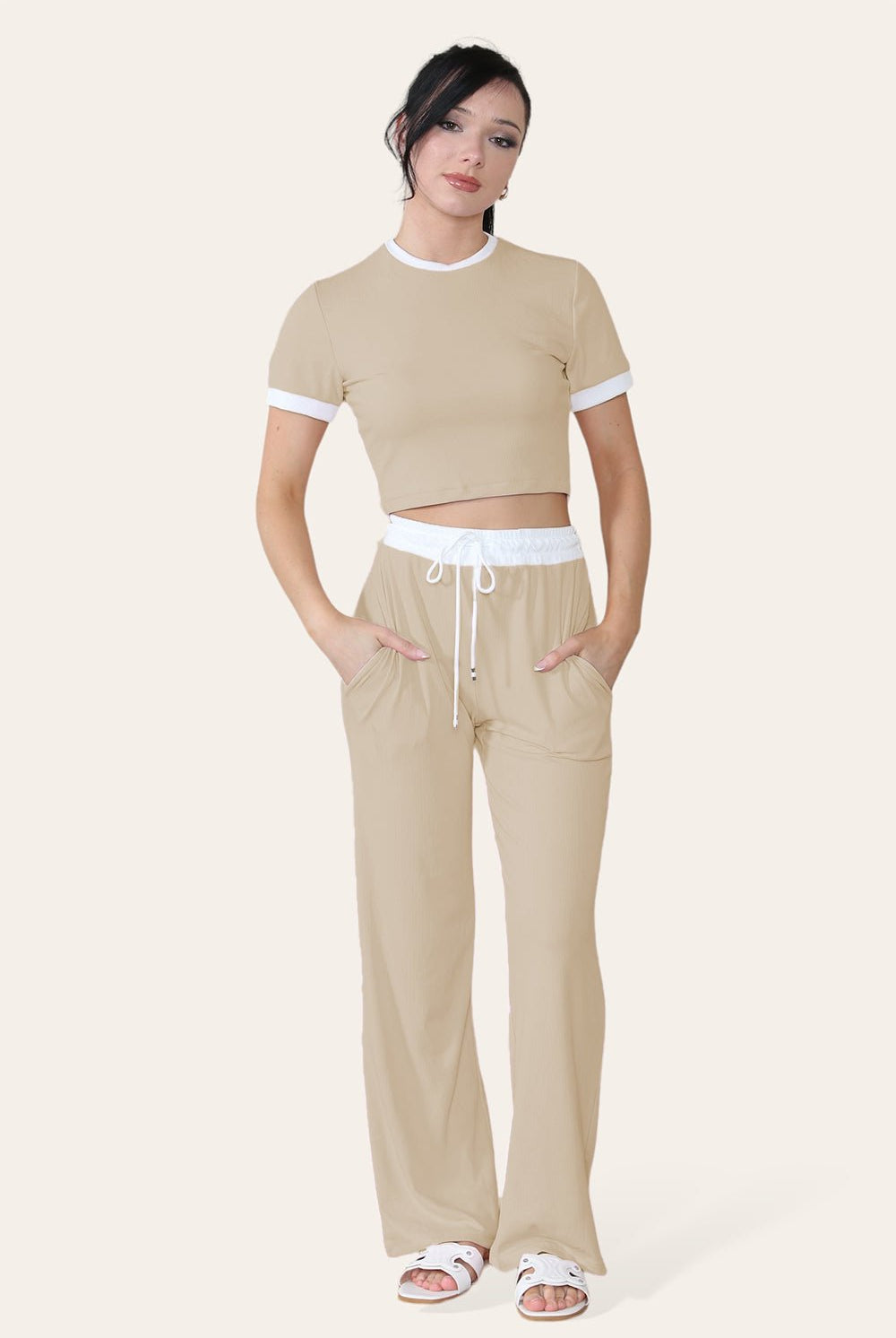 Ribbed Contrast Wide Leg Flared Trousers And Top Loungewear TRS Cropped Set Loungewear WearAll Beige One Size (8-14)