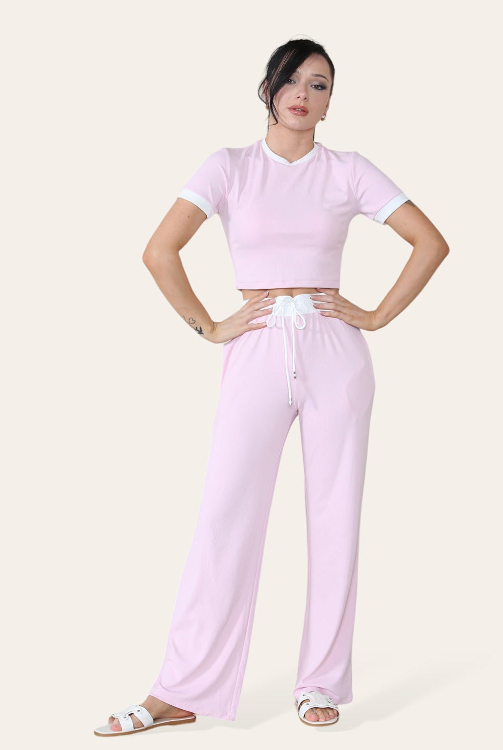 Ribbed Contrast Wide Leg Flared Trousers And Top Loungewear TRS Cropped Set Loungewear WearAll
