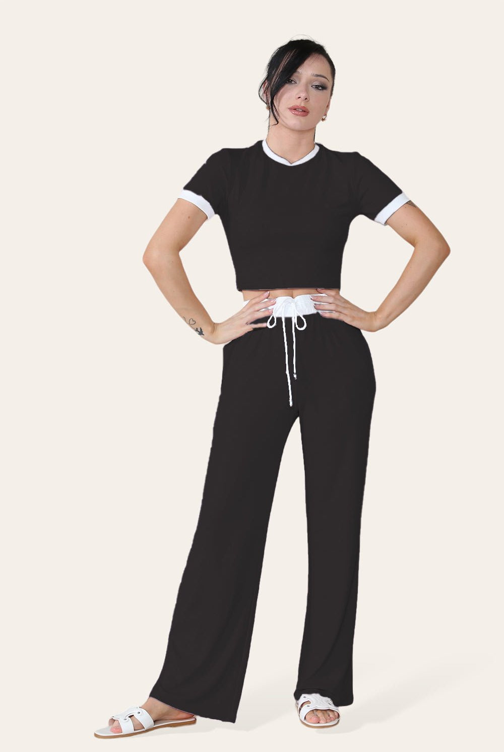 Ribbed Contrast Wide Leg Flared Trousers And Top Loungewear TRS Cropped Set Loungewear WearAll Black One Size (8-14)
