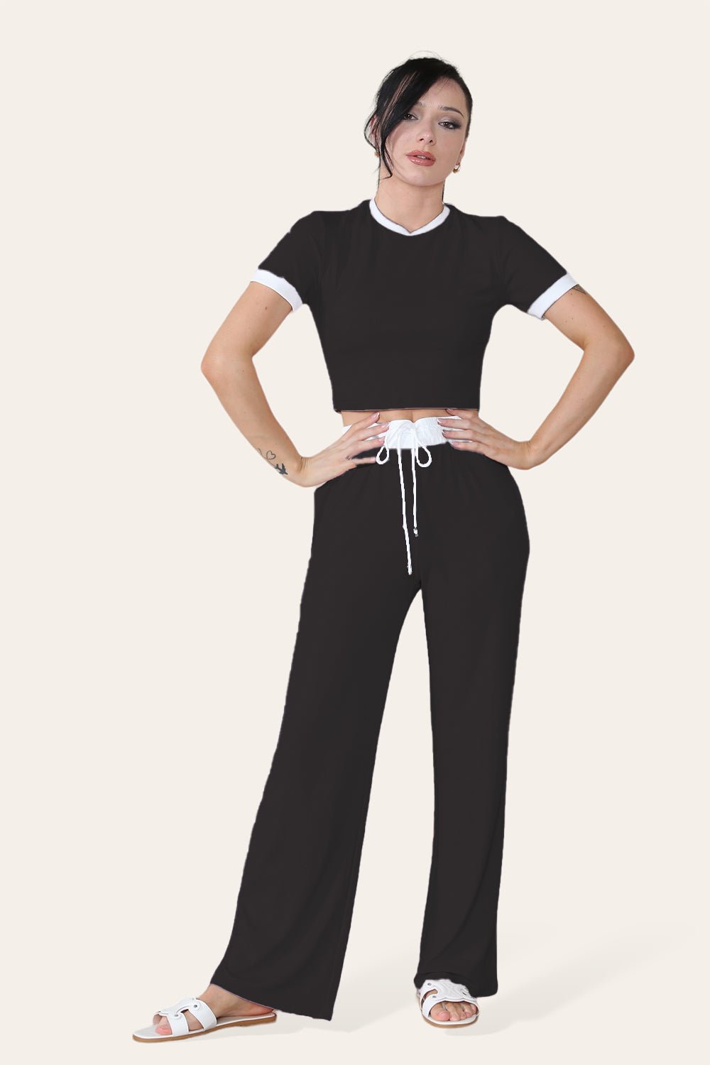 Ribbed Contrast Wide Leg Flared Trousers And Top Loungewear TRS Cropped Set Loungewear WearAll Black One Size (8-14)