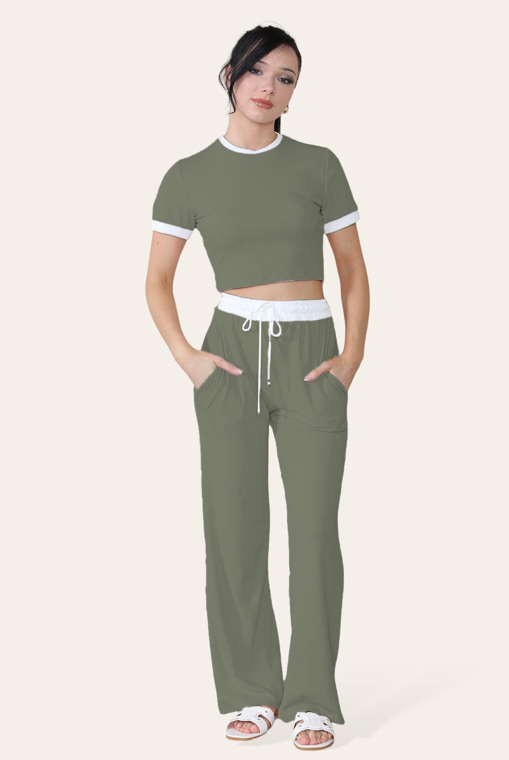Ribbed Contrast Wide Leg Flared Trousers And Top Loungewear TRS Cropped Set Loungewear WearAll Khaki One Size (8-14)