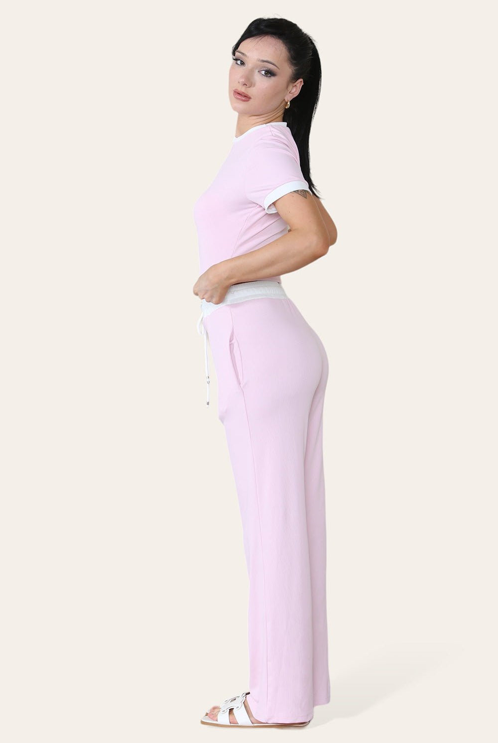 Ribbed Contrast Wide Leg Flared Trousers And Top Loungewear TRS Cropped Set Loungewear WearAll Baby Pink One Size (8-14)