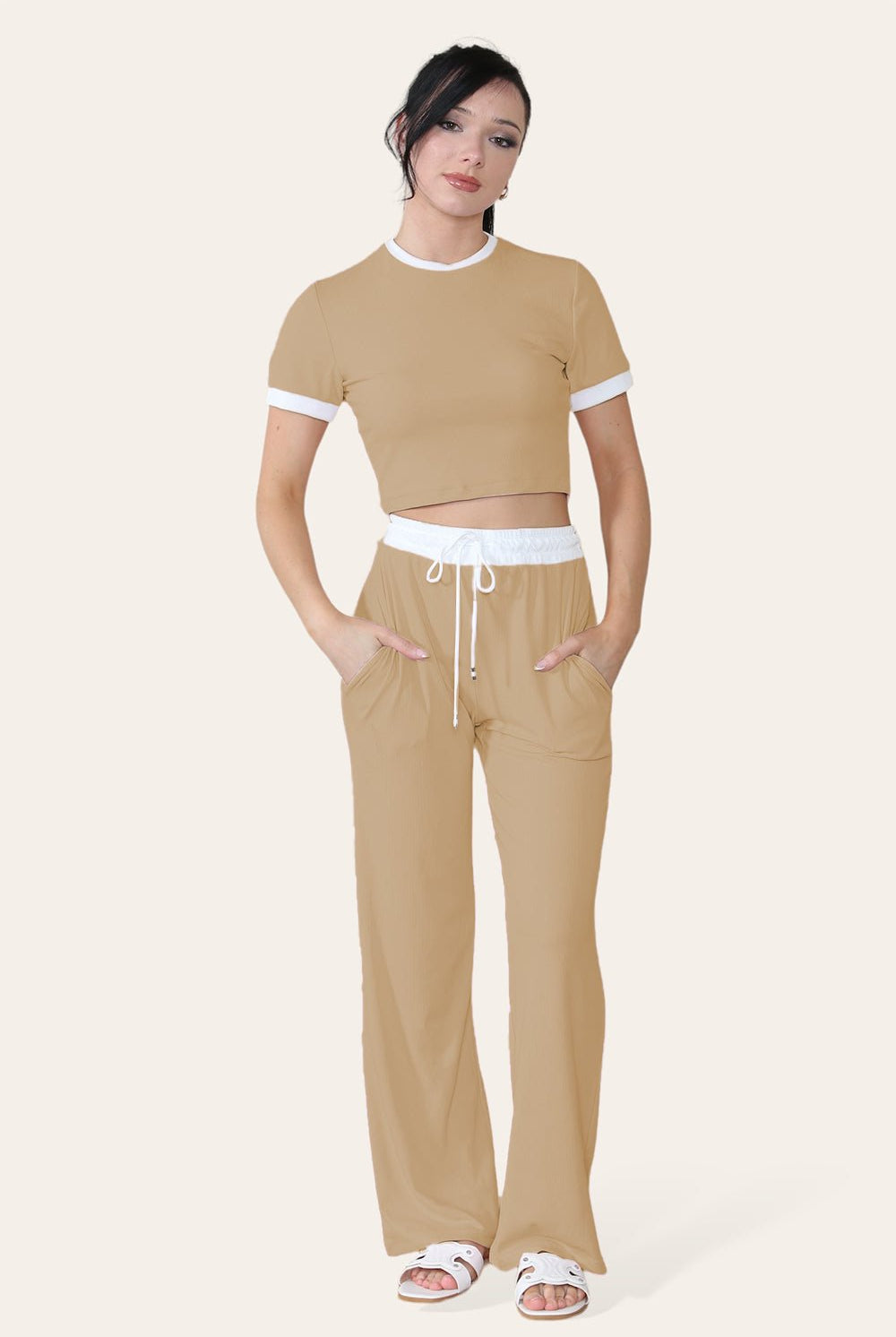 Ribbed Contrast Wide Leg Flared Trousers And Top Loungewear TRS Cropped Set Loungewear WearAll Mocha One Size (8-14)