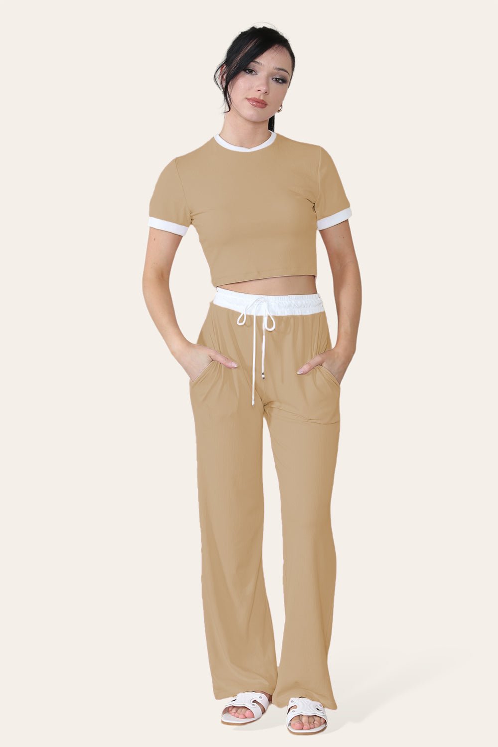 Ribbed Contrast Wide Leg Flared Trousers And Top Loungewear TRS Cropped Set Loungewear WearAll Mocha One Size (8-14)