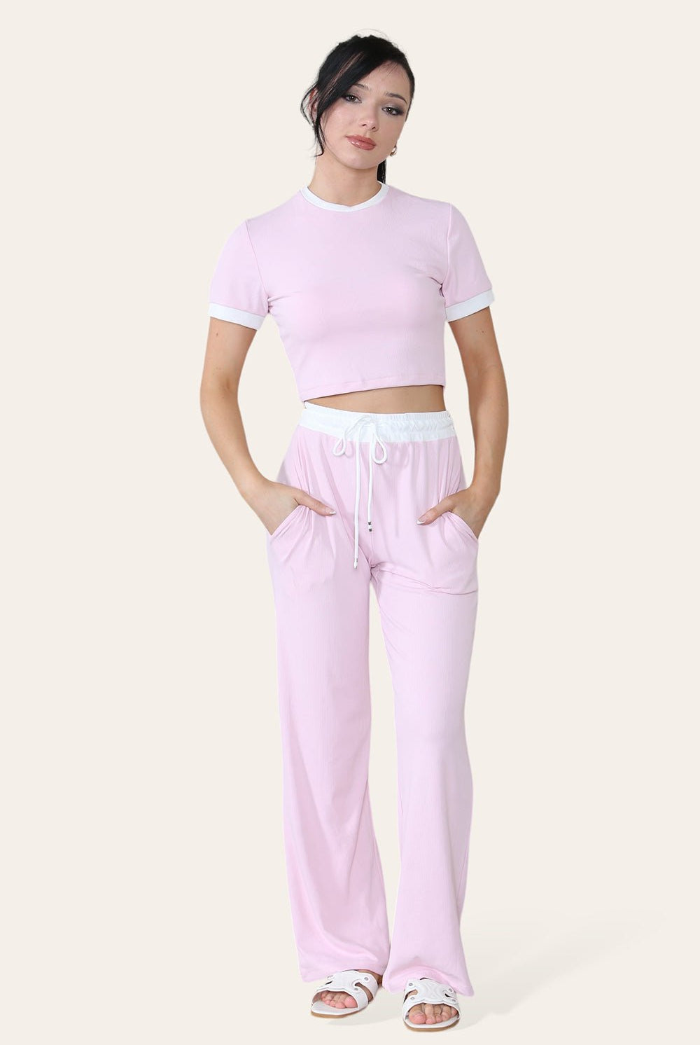 Ribbed Contrast Wide Leg Flared Trousers And Top Loungewear TRS Cropped Set Loungewear WearAll