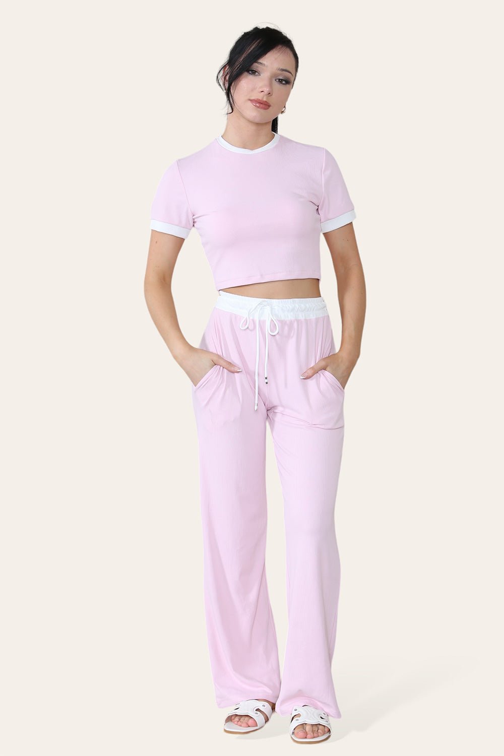 Ribbed Contrast Wide Leg Flared Trousers And Top Loungewear TRS Cropped Set Loungewear WearAll