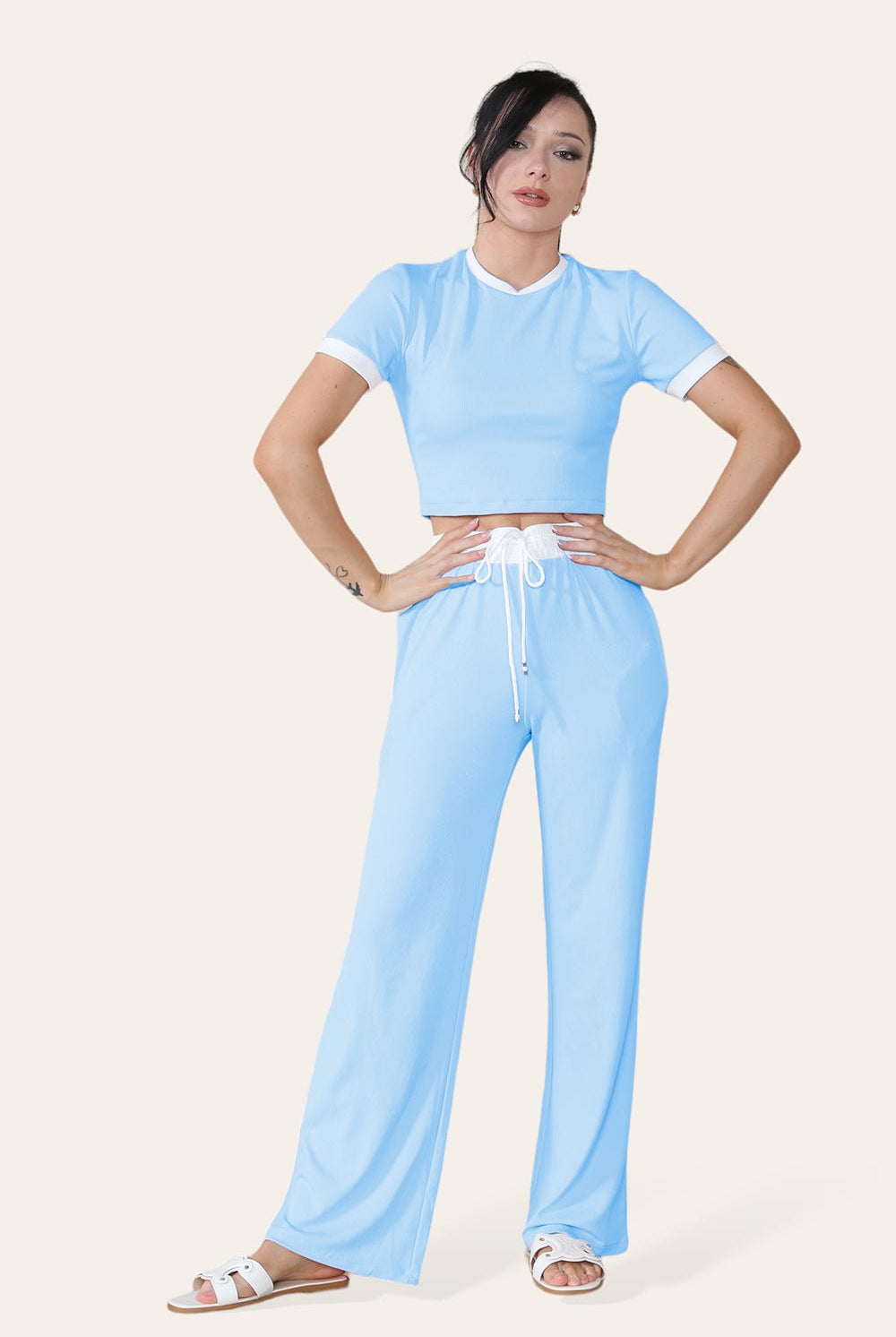 Ribbed Contrast Wide Leg Flared Trousers And Top Loungewear TRS Cropped Set Loungewear WearAll Sky Blue One Size (8-14)