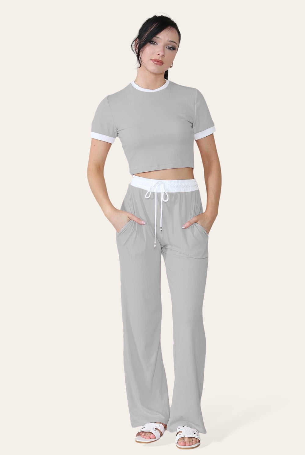 Ribbed Contrast Wide Leg Flared Trousers And Top Loungewear TRS Cropped Set Loungewear WearAll Grey One Size (8-14)