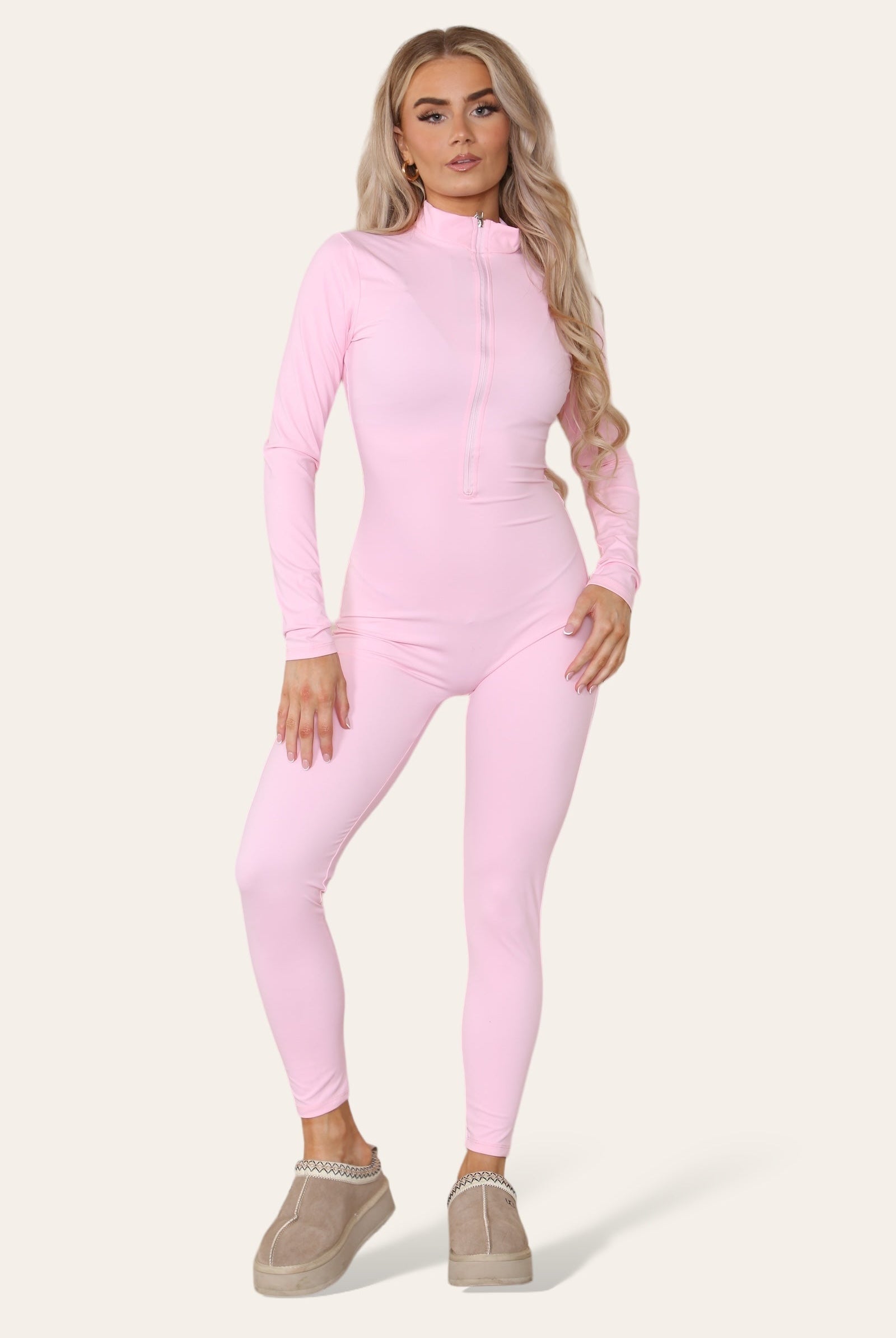 Ribbed High Neck Zipper Collar Jumpsuit Front Unitard Set Playsuits & Jumpsuits WearAll Pink S/M