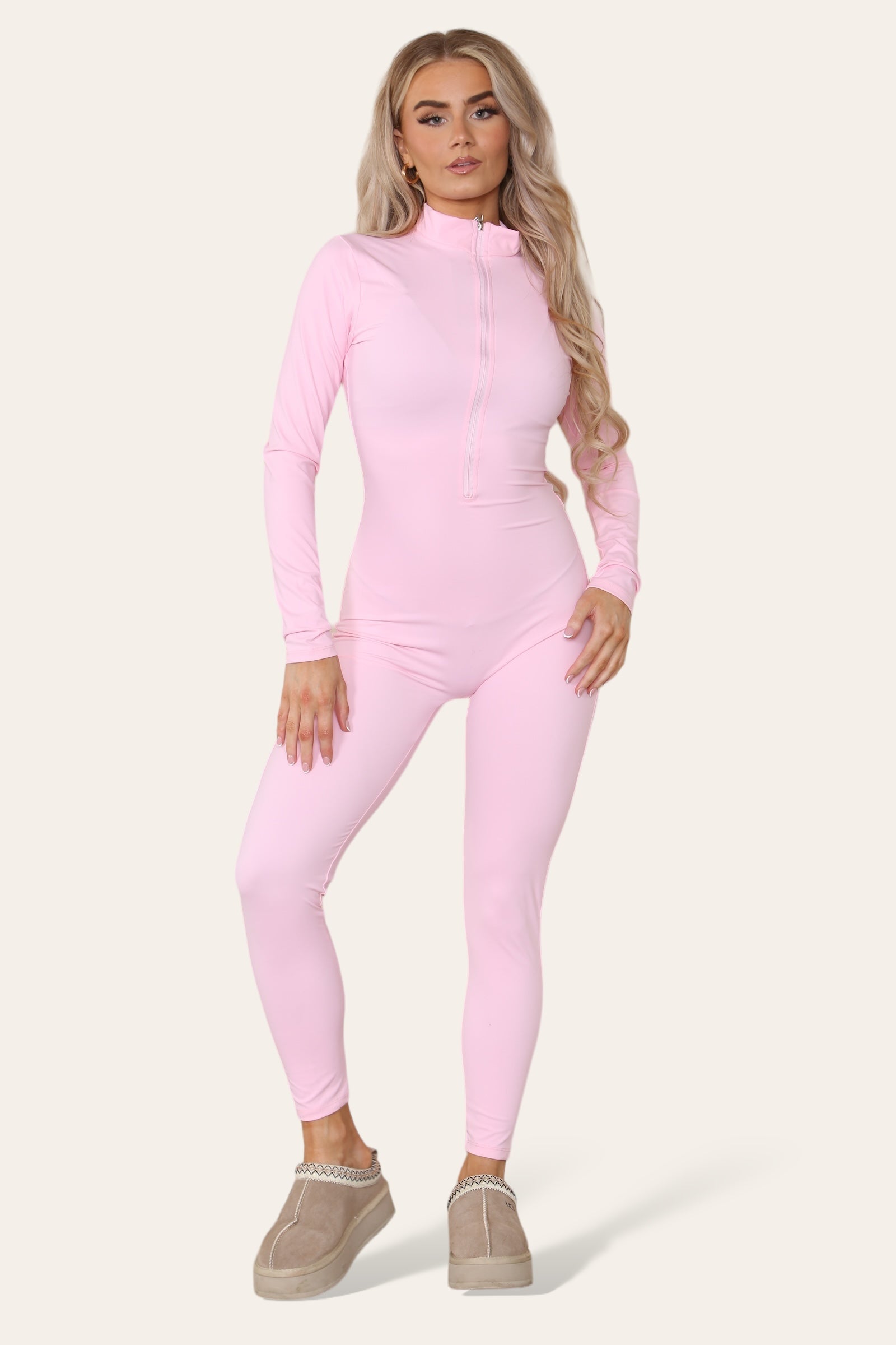 Ribbed High Neck Zipper Collar Jumpsuit Front Unitard Set Playsuits & Jumpsuits WearAll Pink S/M
