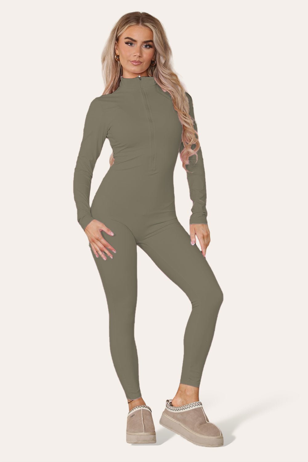 Ribbed High Neck Zipper Collar Jumpsuit Front Unitard Set Playsuits & Jumpsuits WearAll Khaki S/M