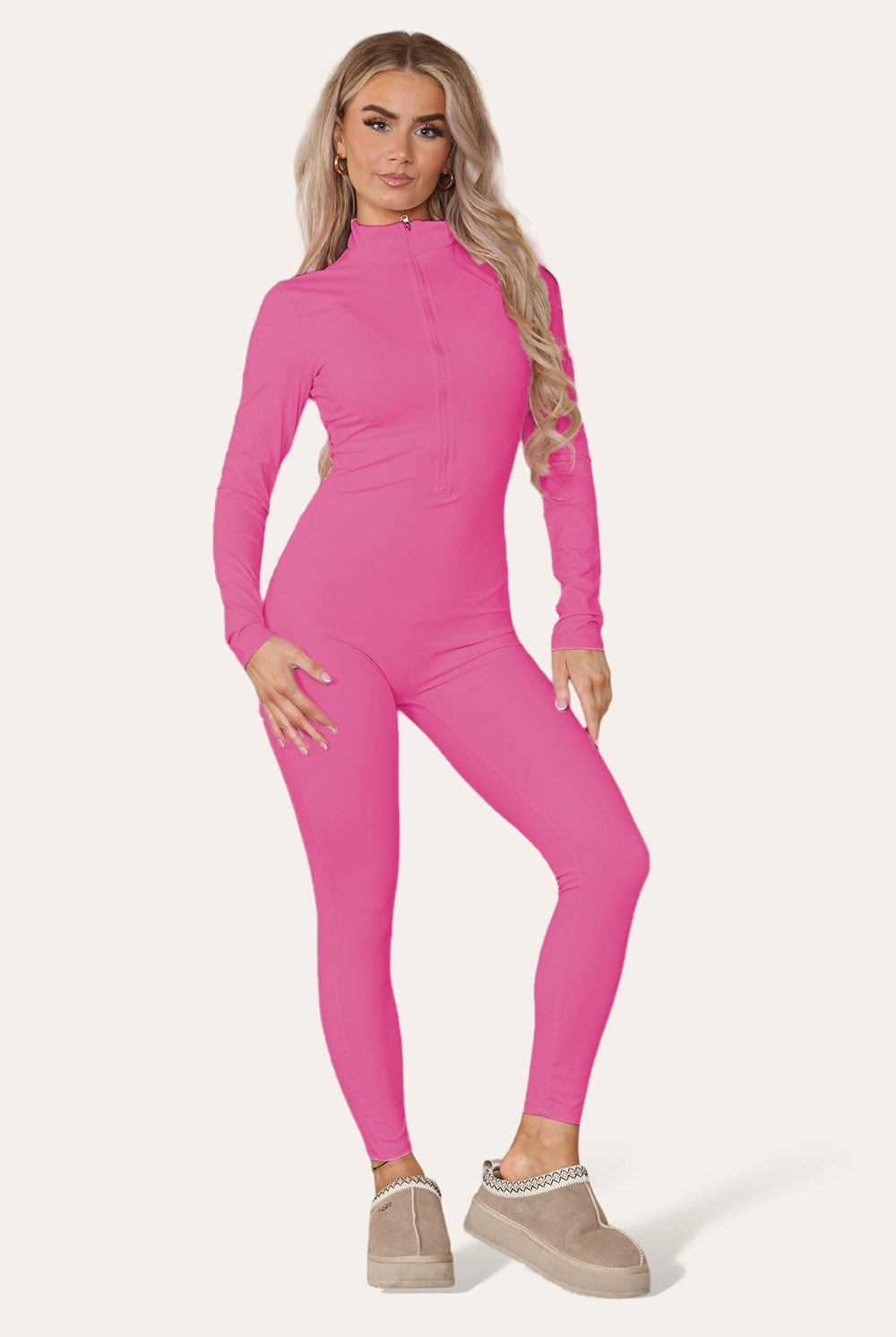 Ribbed High Neck Zipper Collar Jumpsuit Front Unitard Set Playsuits & Jumpsuits WearAll Hot Pink S/M