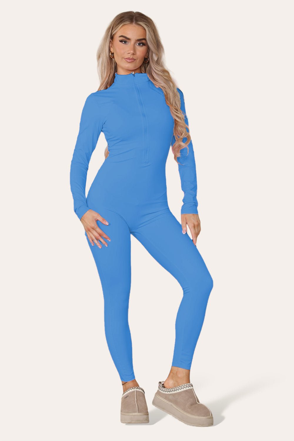 Ribbed High Neck Zipper Collar Jumpsuit Front Unitard Set Playsuits & Jumpsuits WearAll Royal Blue S/M