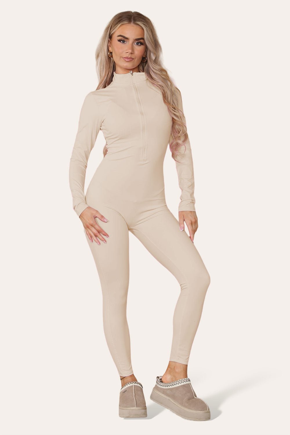 Ribbed High Neck Zipper Collar Jumpsuit Front Unitard Set Playsuits & Jumpsuits WearAll Beige S/M