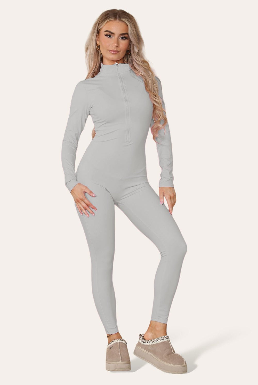 Ribbed High Neck Zipper Collar Jumpsuit Front Unitard Set Playsuits & Jumpsuits WearAll Grey S/M
