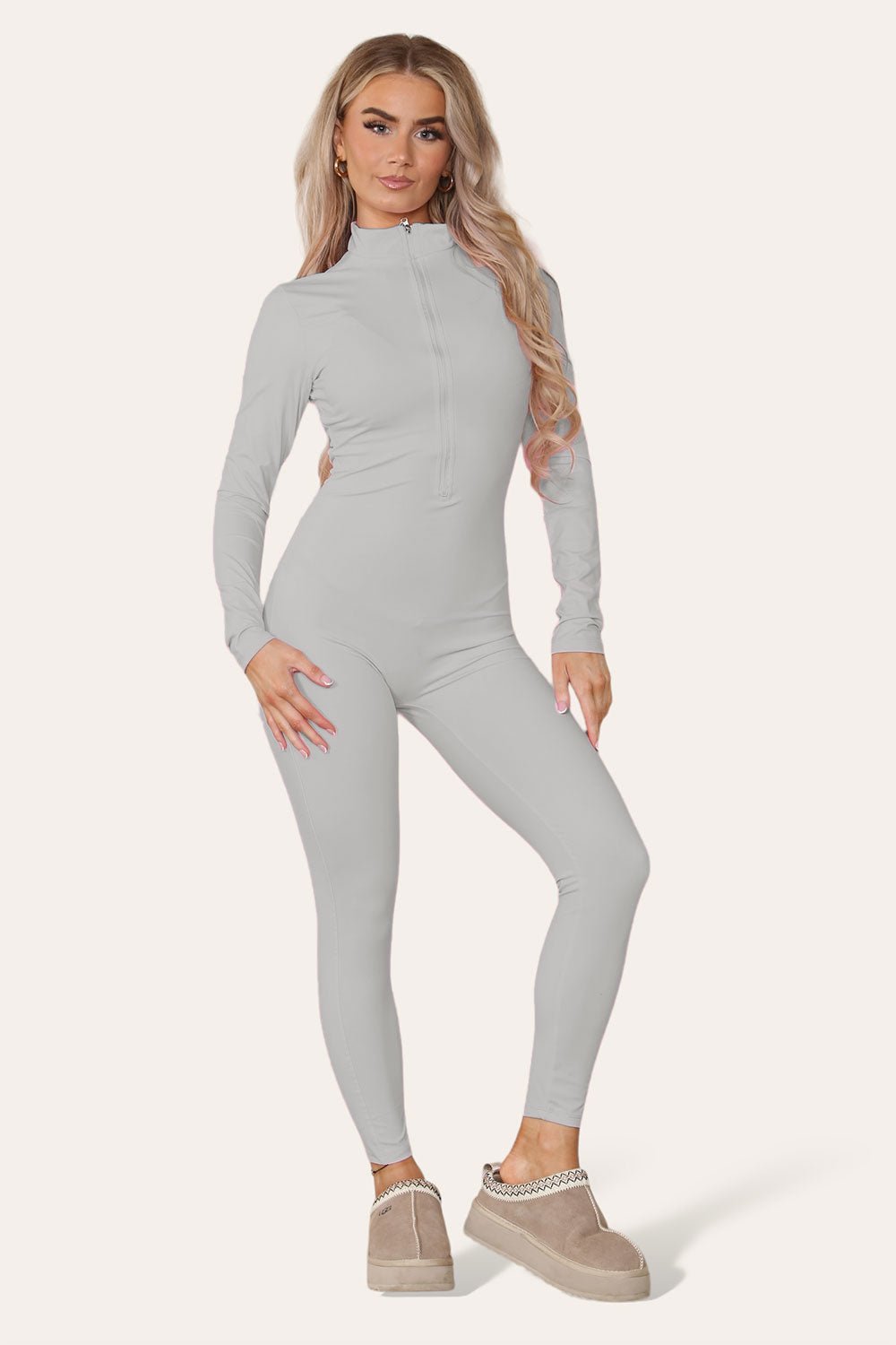 Ribbed High Neck Zipper Collar Jumpsuit Front Unitard Set Playsuits & Jumpsuits WearAll Grey S/M