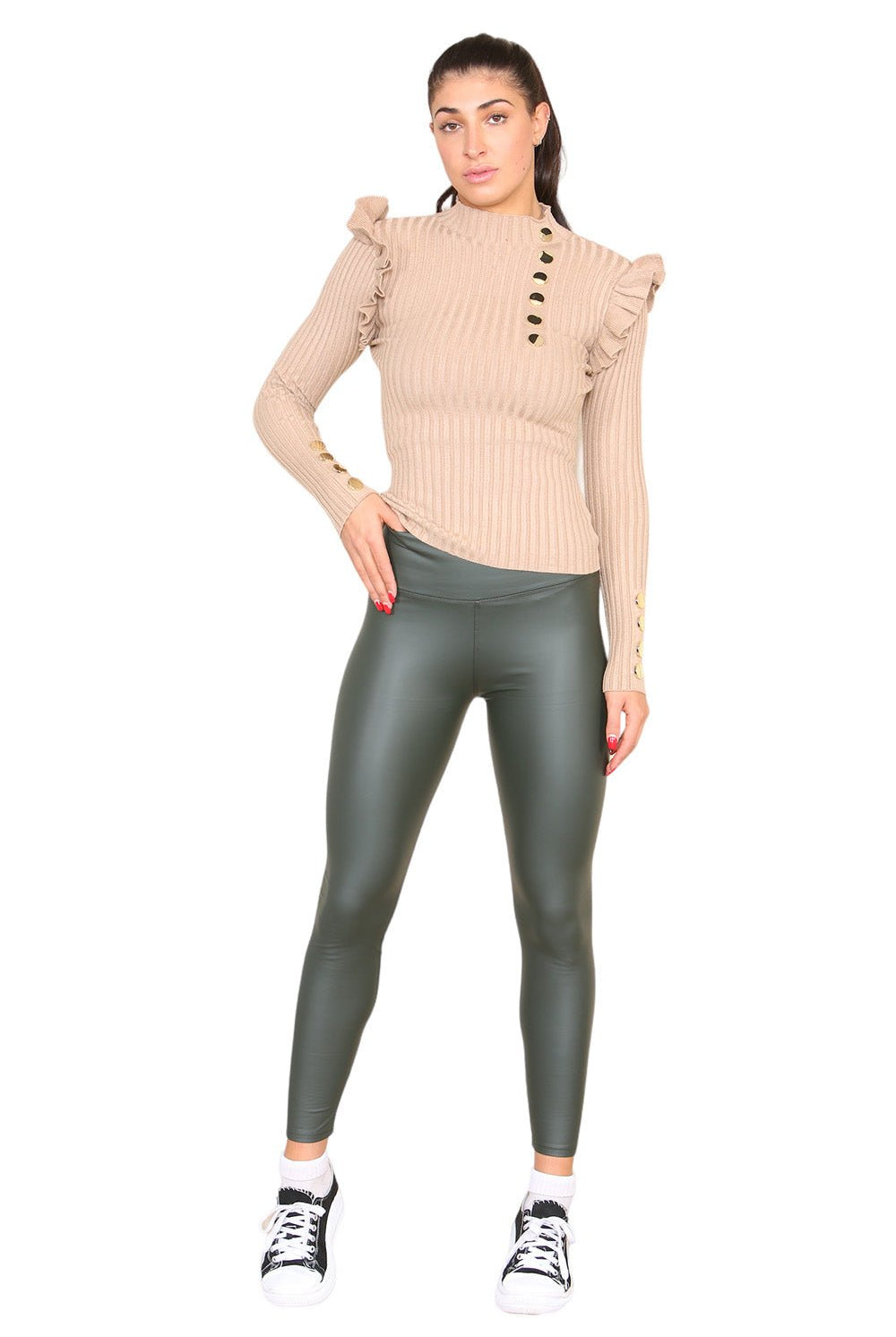 Ribbed Knit Gold Button Detail Jumper with Frill Playsuits & Jumpsuits WearAll