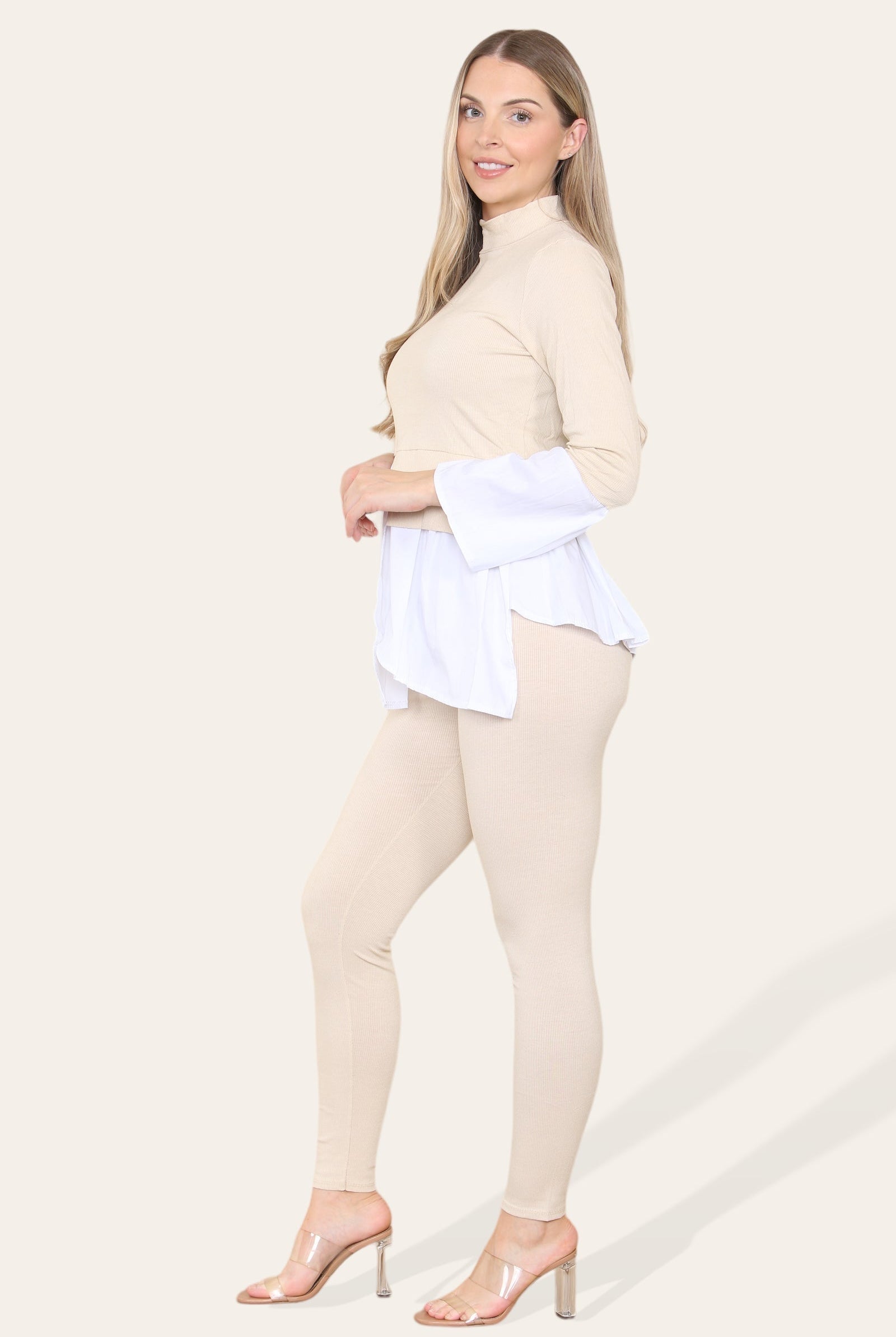 Ribbed Lounge Wear Flared Shirt and Leggings Co-Ord Set Loungewear WearAll Beige 6-8