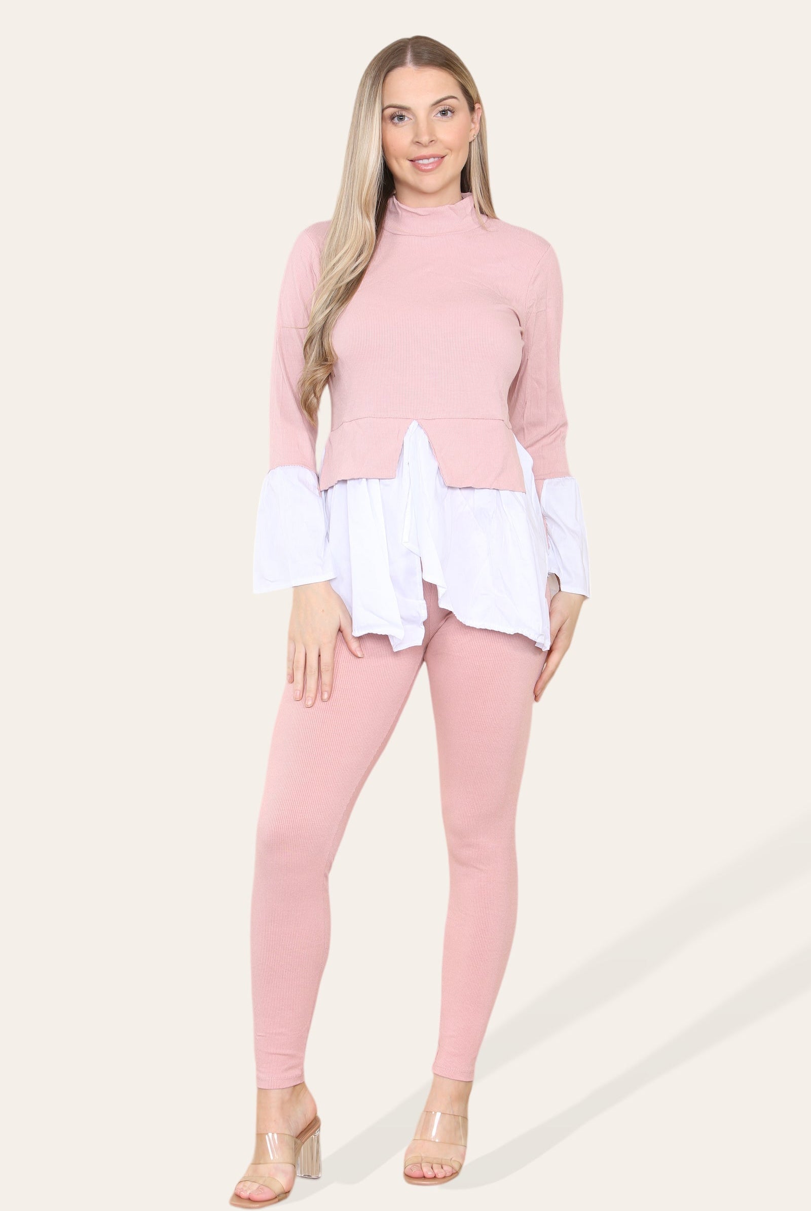 Ribbed Lounge Wear Flared Shirt and Leggings Co-Ord Set Loungewear WearAll Dusty Pink 6-8
