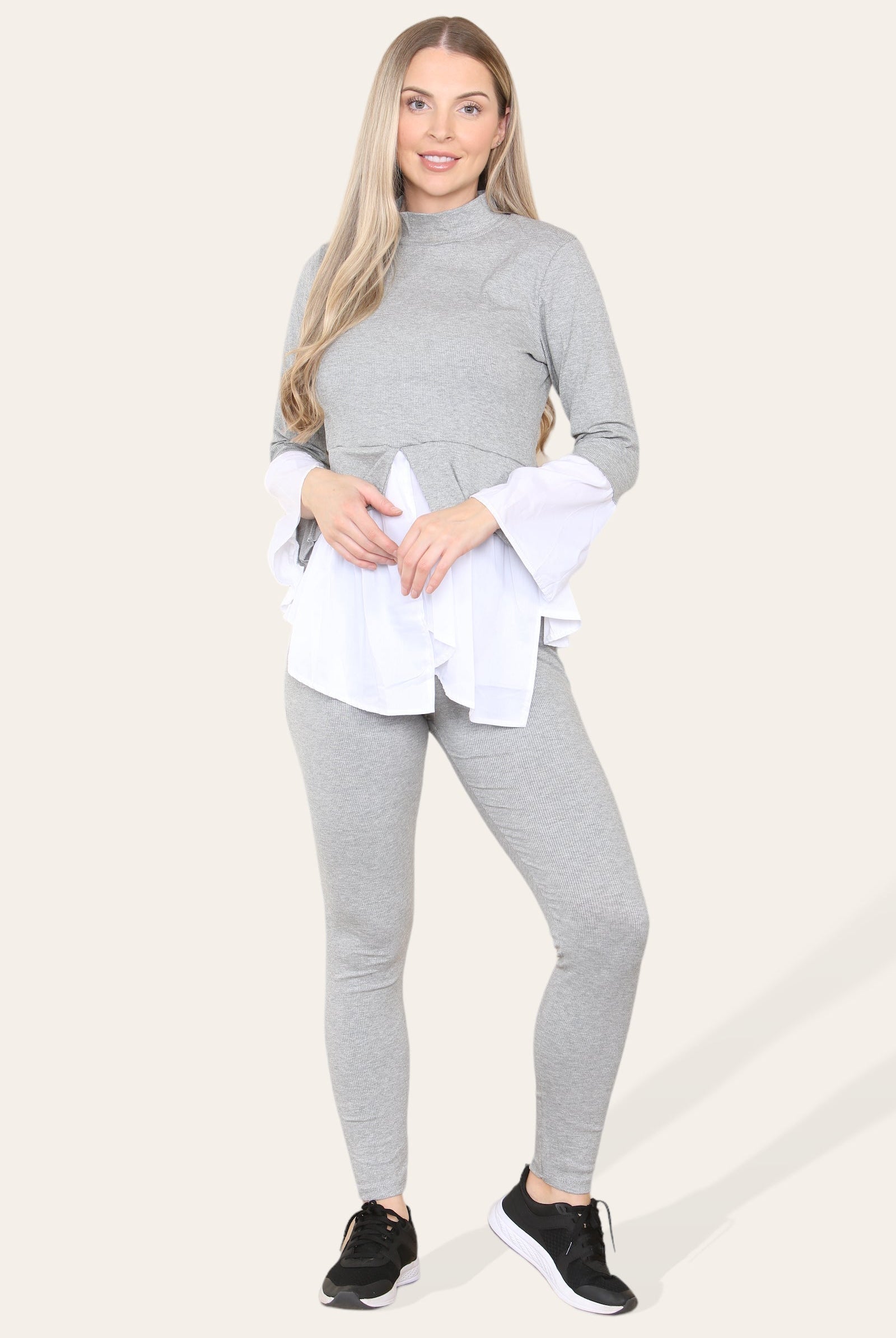 Ribbed Lounge Wear Flared Shirt and Leggings Co-Ord Set Loungewear WearAll Grey 6-8