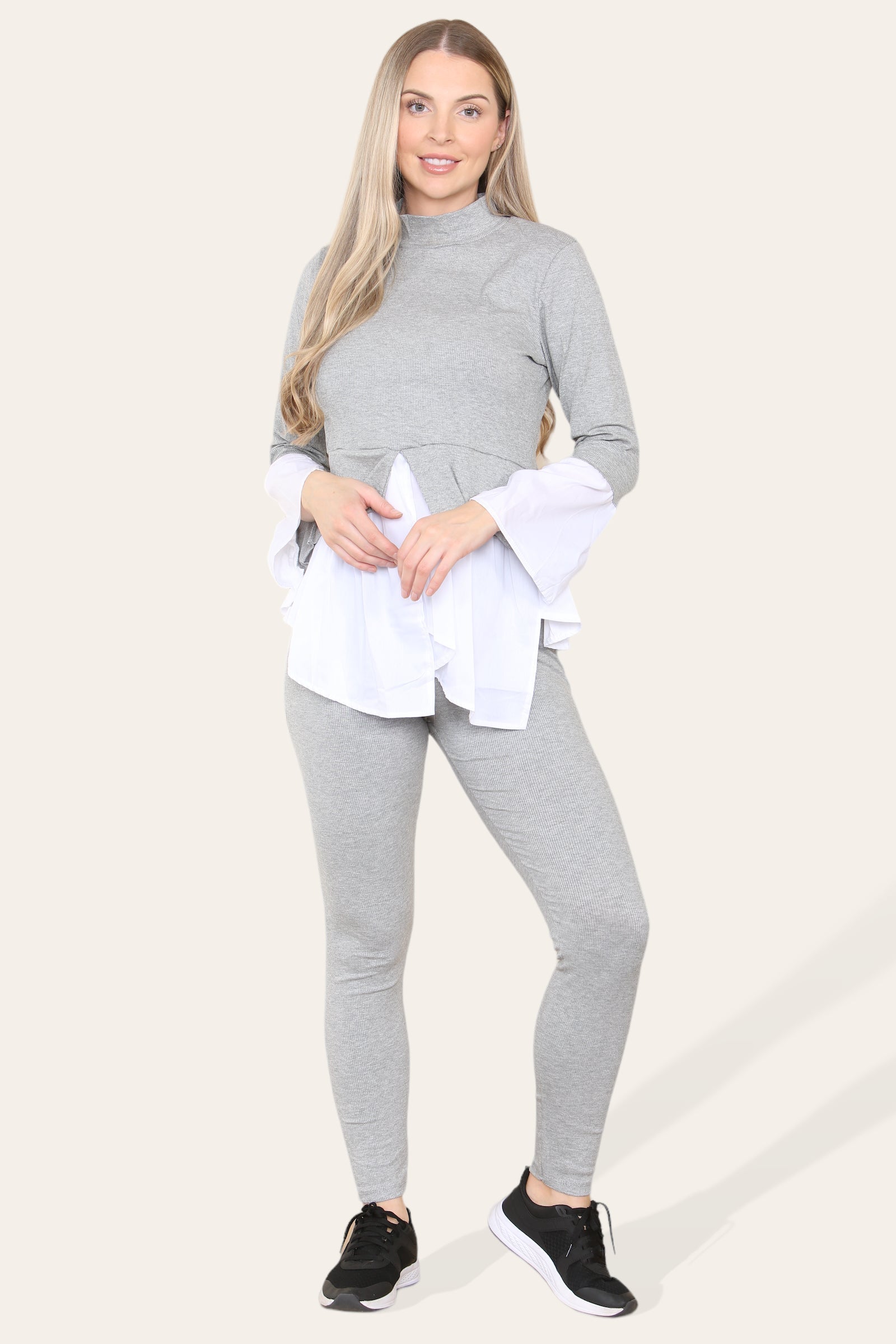 Ribbed Lounge Wear Flared Shirt and Leggings Co-Ord Set Loungewear WearAll Grey 6-8