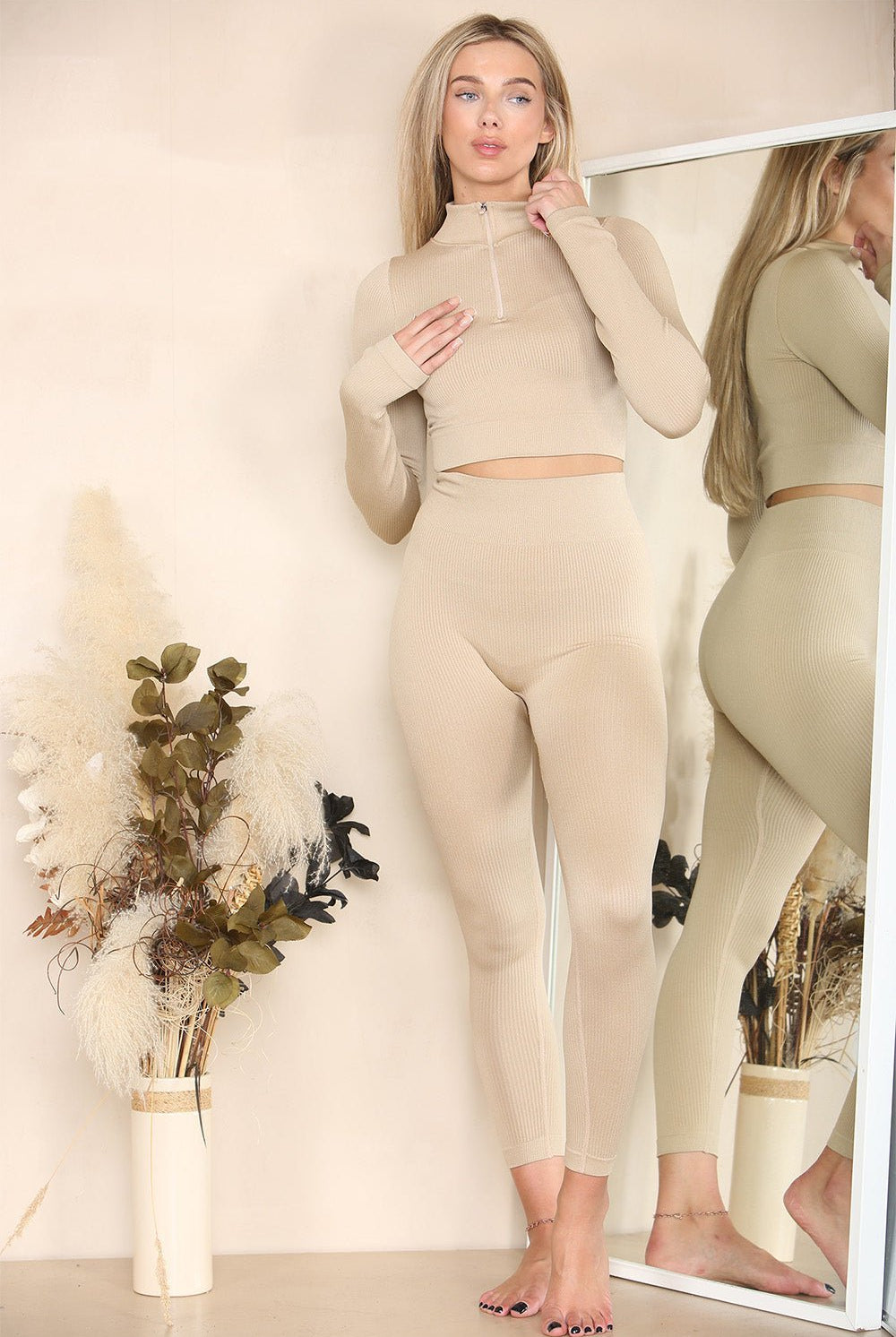 Ribbed Tracksuit Two Piece Set With Half Zip Detail Gym Loungewear Loungewear WearAll Beige S/M