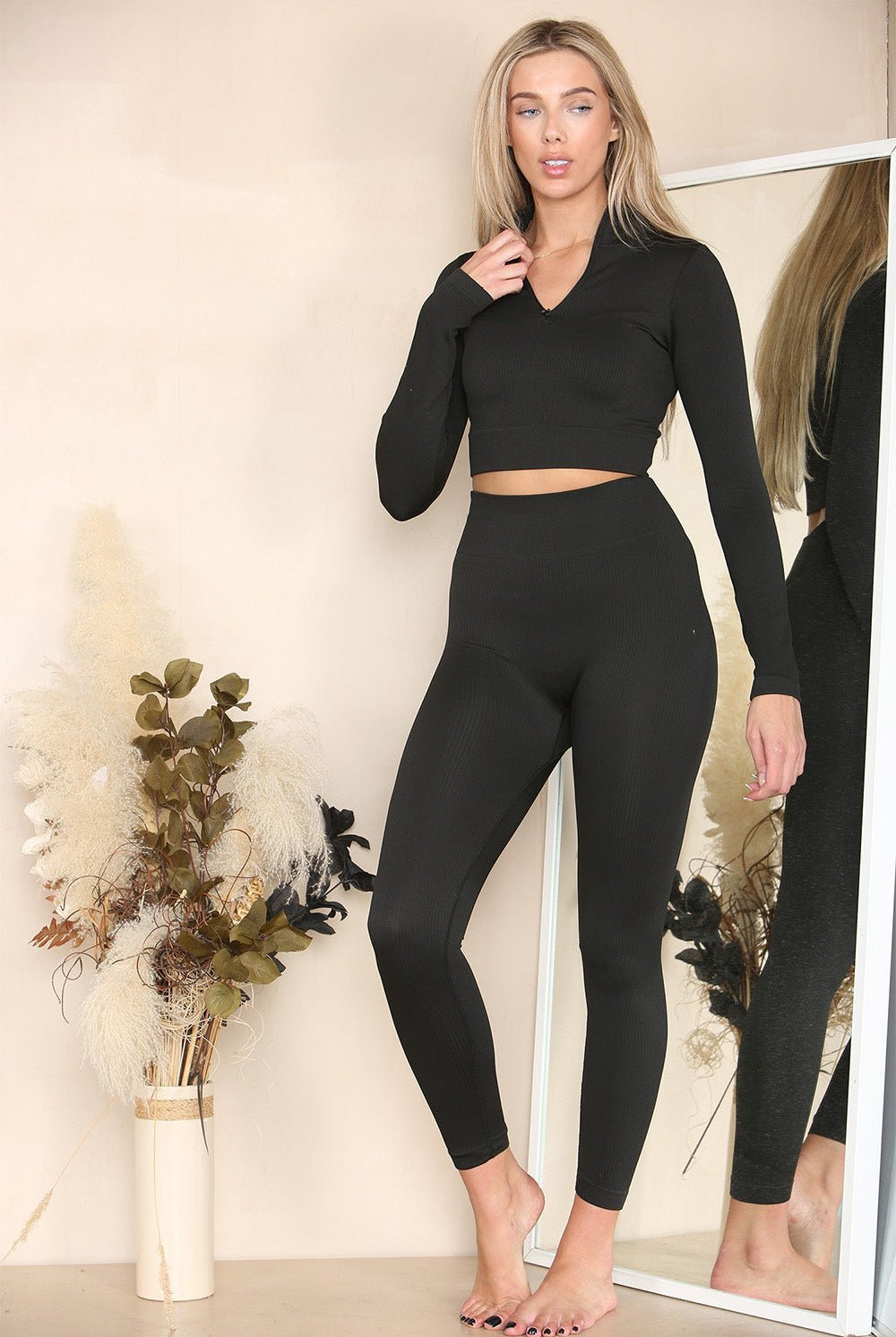 Ribbed Tracksuit Two Piece Set With Half Zip Detail Gym Loungewear Loungewear WearAll