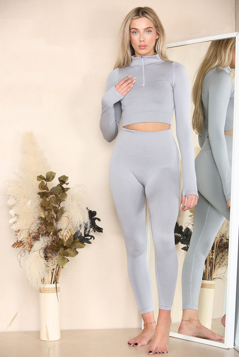 Ribbed Tracksuit Two Piece Set With Half Zip Detail Gym Loungewear Loungewear WearAll Grey S/M