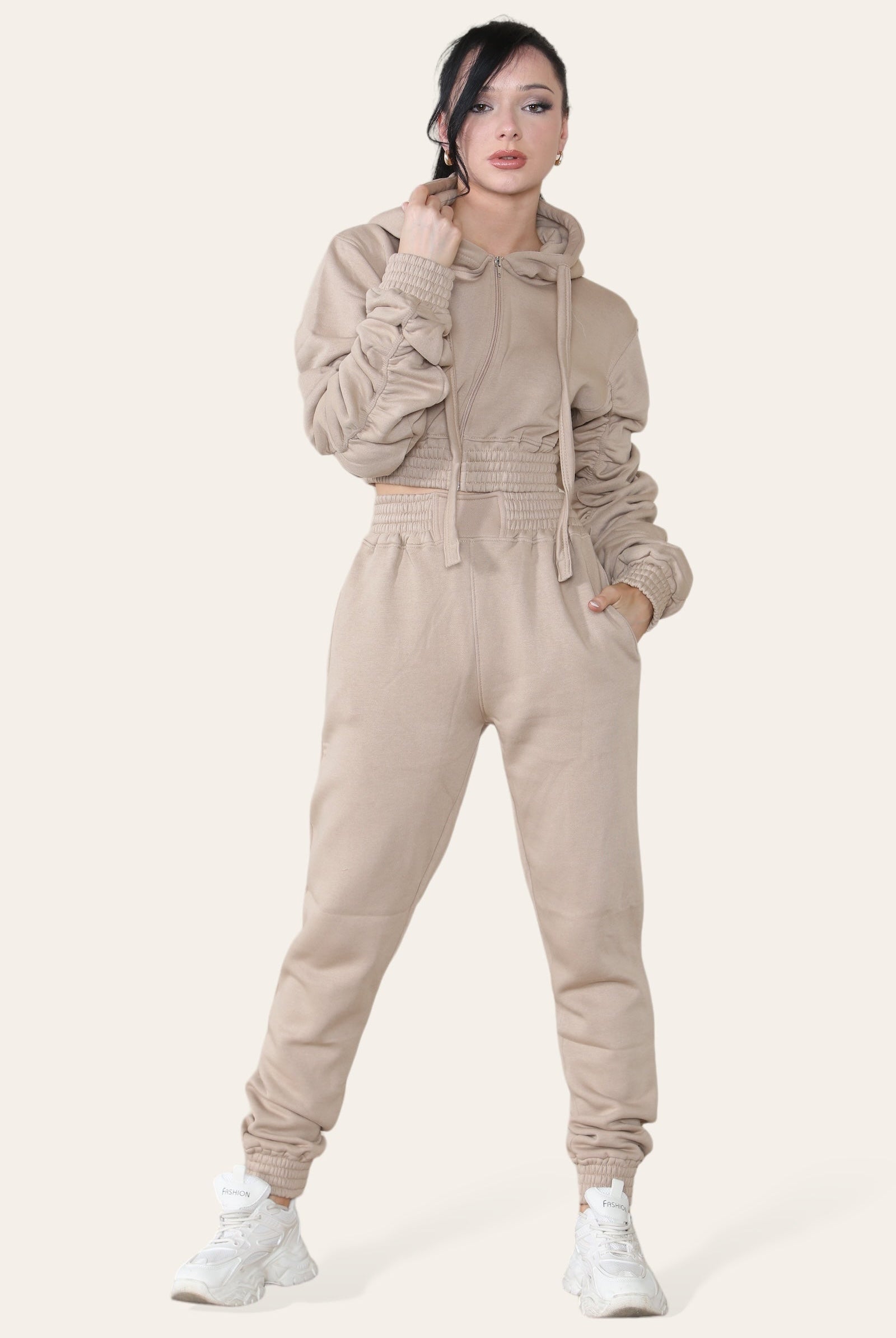 Ruched Sleeves Cropped Hoodie and Jogger Loungewear Set Loungewear WearAll