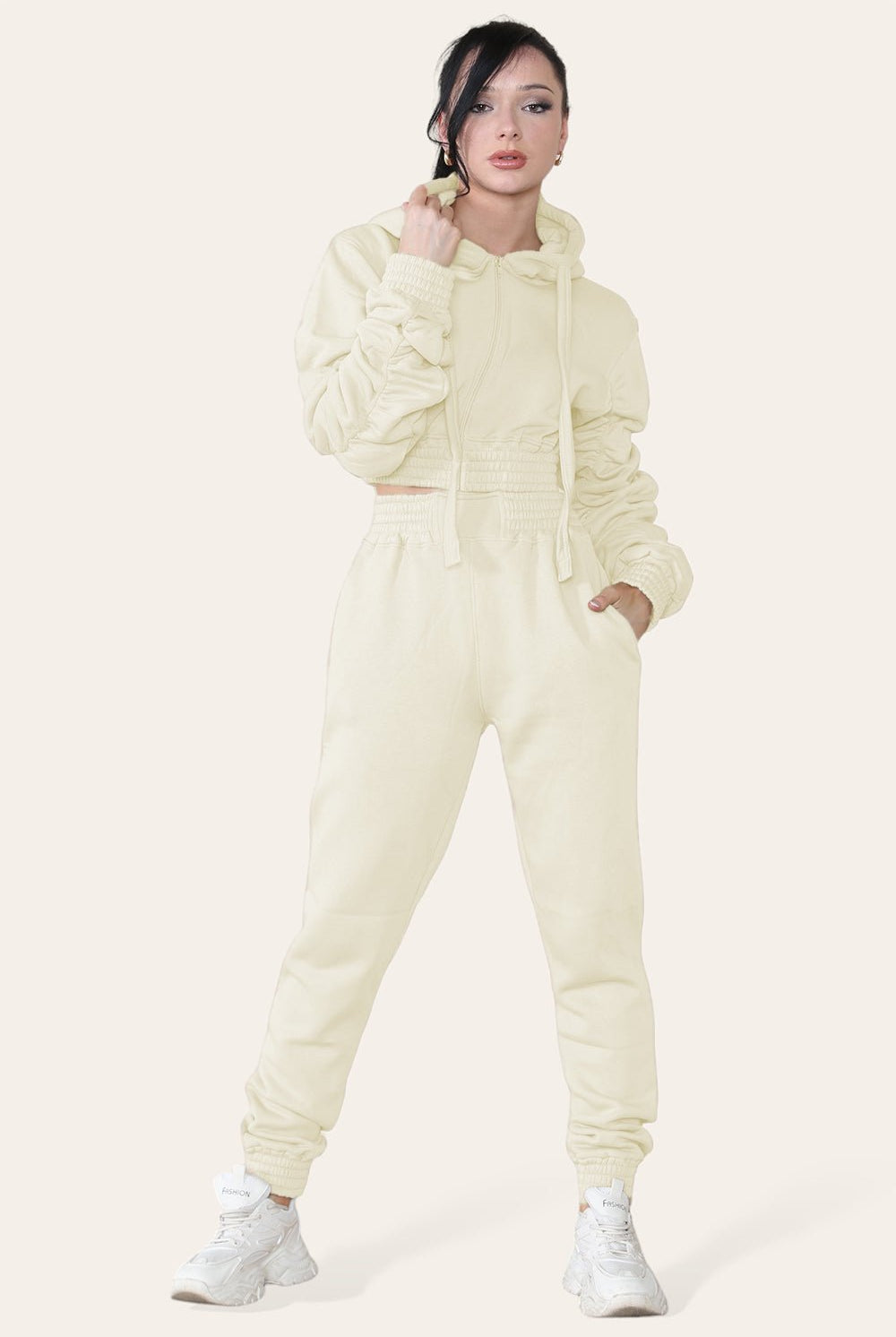 Ruched Sleeves Cropped Hoodie and Jogger Loungewear Set Loungewear WearAll Cream 6