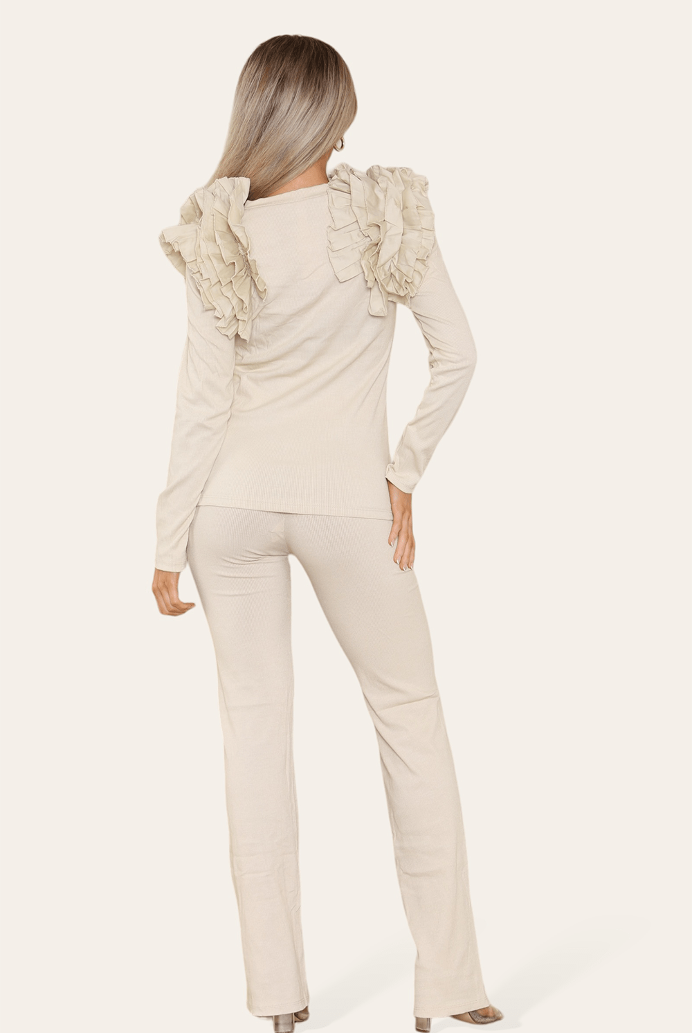 Ruffle Frill Shoulder Ribbed Loungewear CoOrd Top & Trouser Set Loungewear WearAll