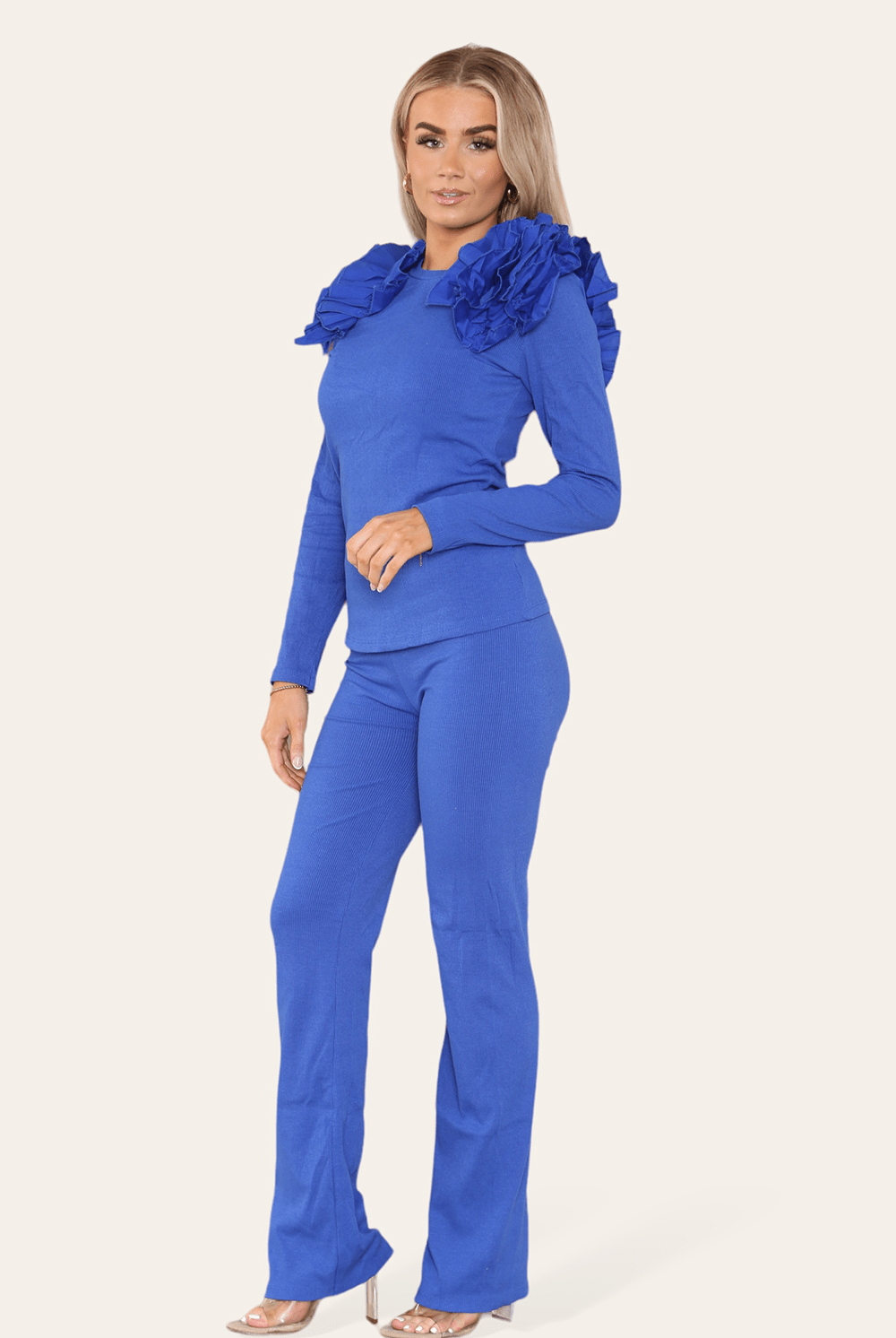 Ruffle Frill Shoulder Ribbed Loungewear CoOrd Top & Trouser Set Loungewear WearAll Mixed Colors 8-10
