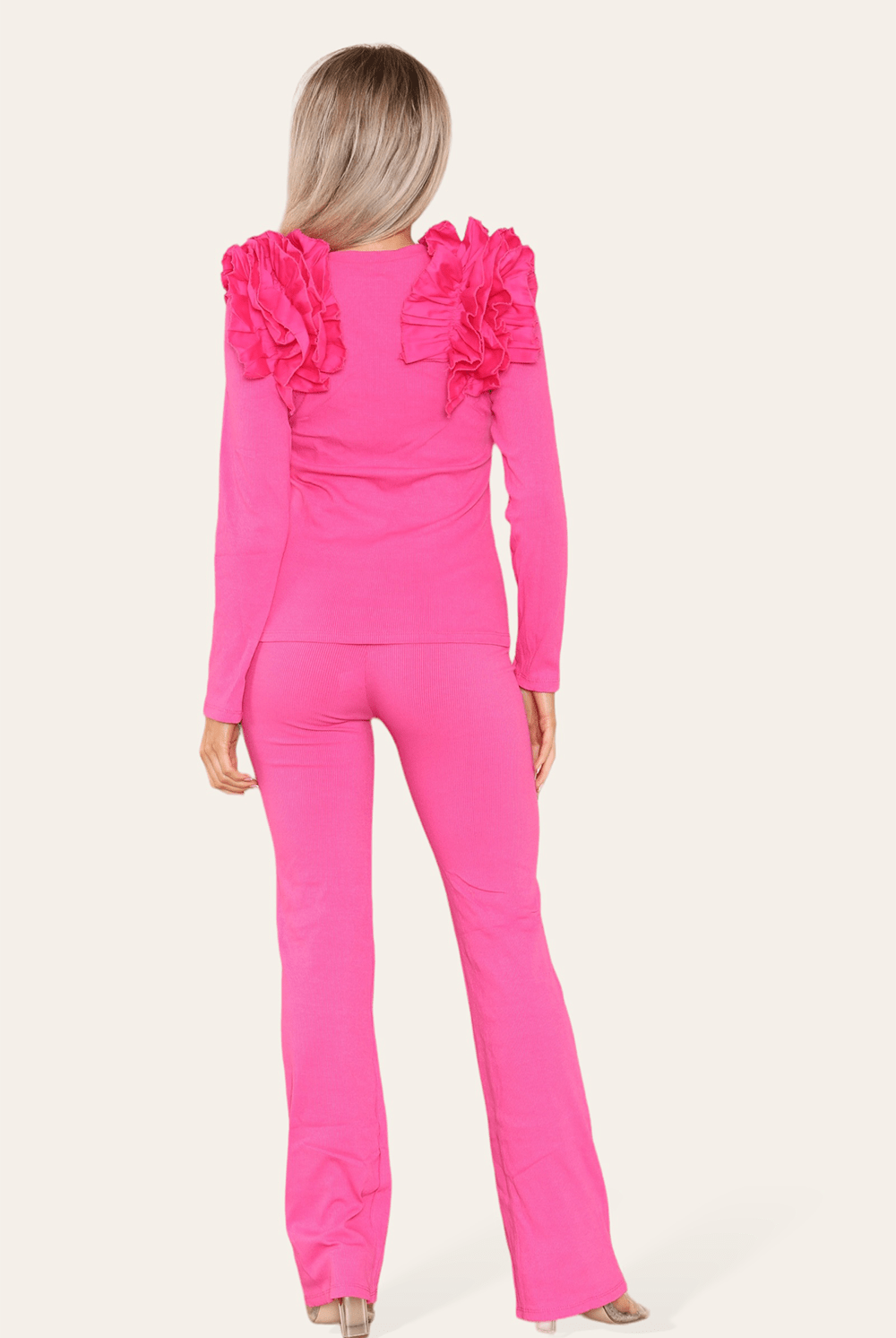 Ruffle Frill Shoulder Ribbed Loungewear CoOrd Top & Trouser Set Loungewear WearAll