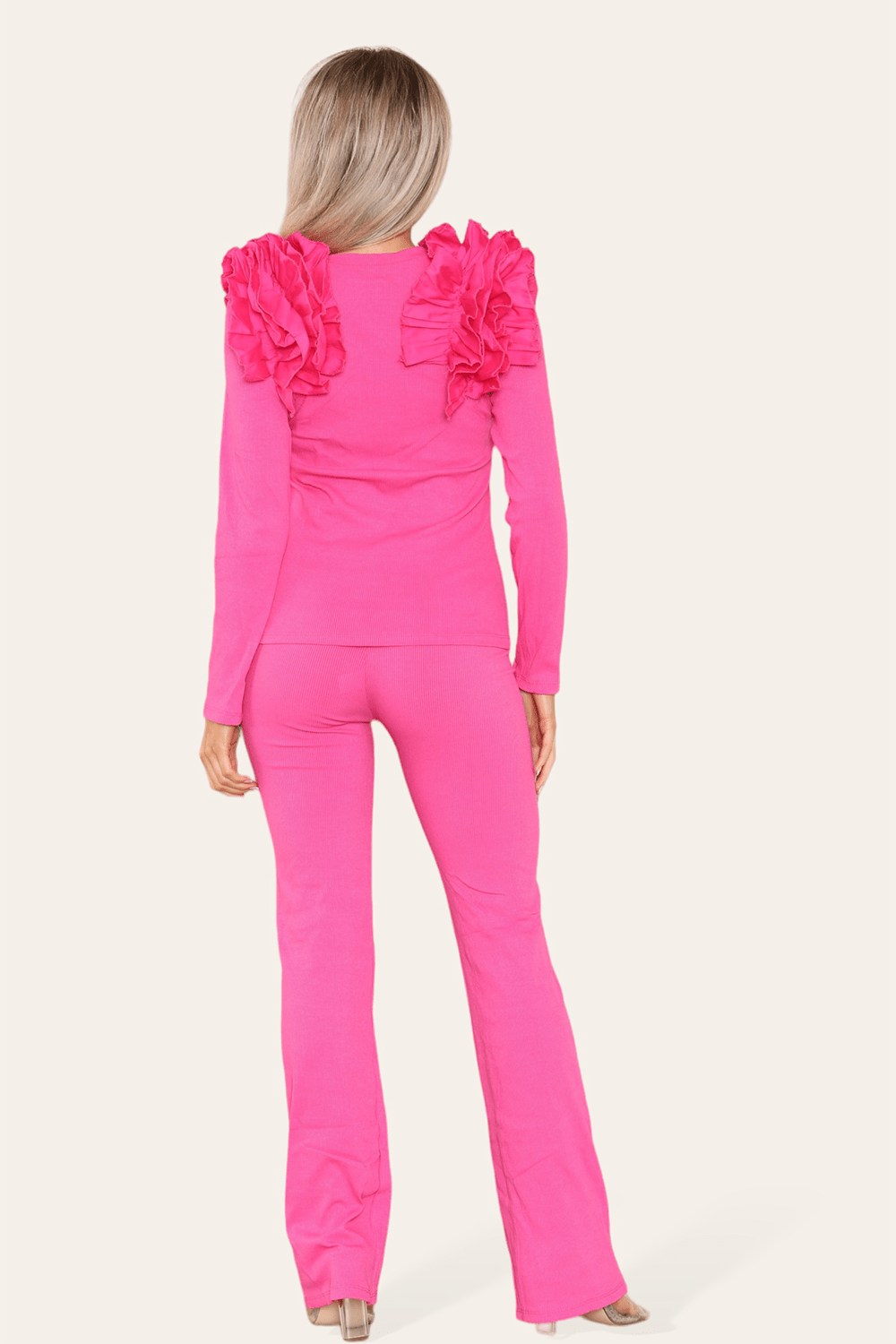 Ruffle Frill Shoulder Ribbed Loungewear CoOrd Top & Trouser Set Loungewear WearAll